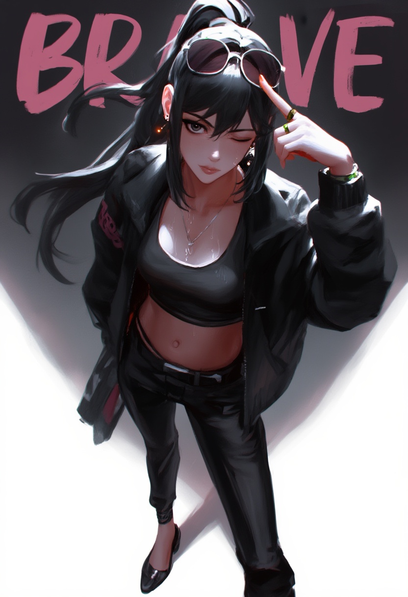 Create a darkbrush-style illustration of a 1girl character. She wears black footwear,  has black hair tied in a ponytail,...