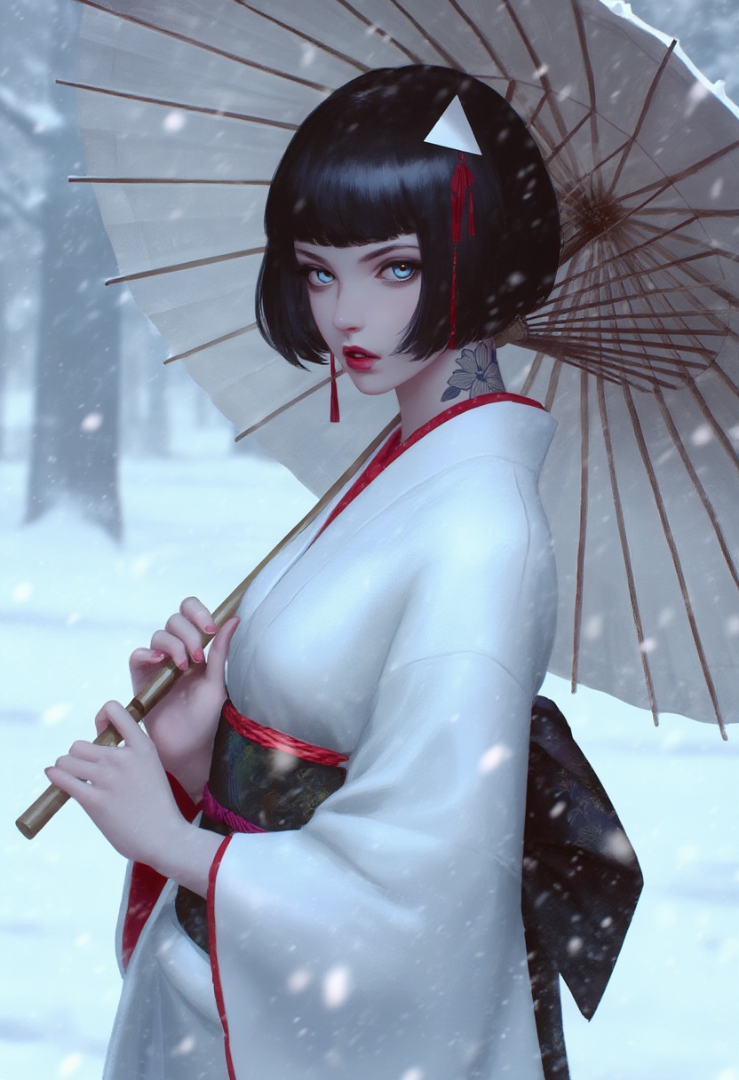darkbrush-style,  A captivating scene unfolds: a girl with short black hair and a striking triangular headpiece,  dressed...