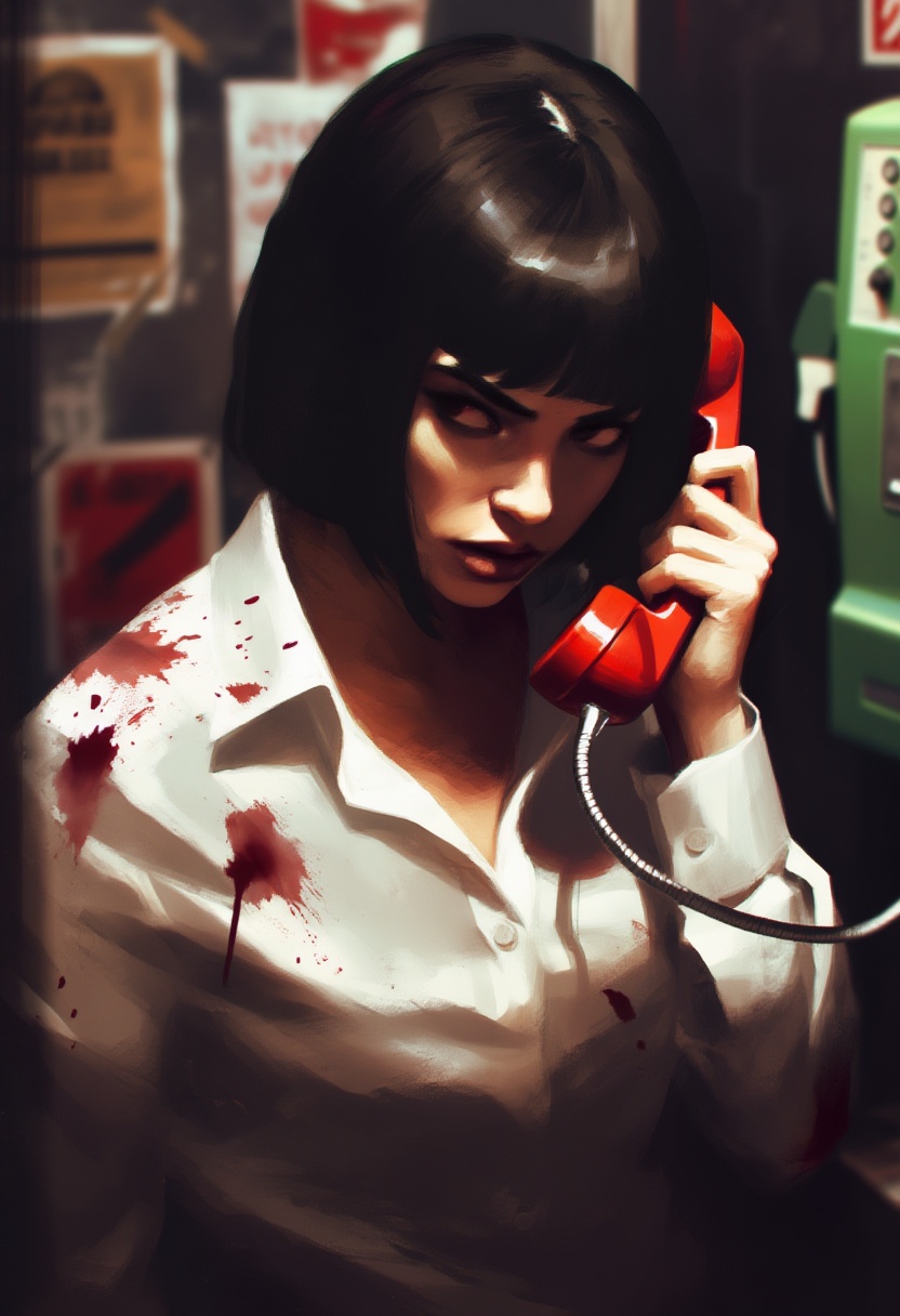 darkbrush-style,  This cinematic digital painting depicts a young woman with a sharp,  blunt-cut black bob holding a vinta...