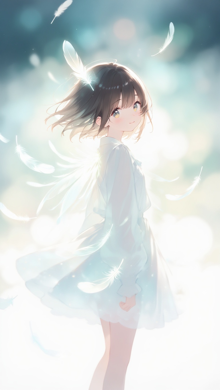 A pretty girl stands quietly in a mysterious world surrounded by soft light. Translucent,  faintly luminous feathers sprea...