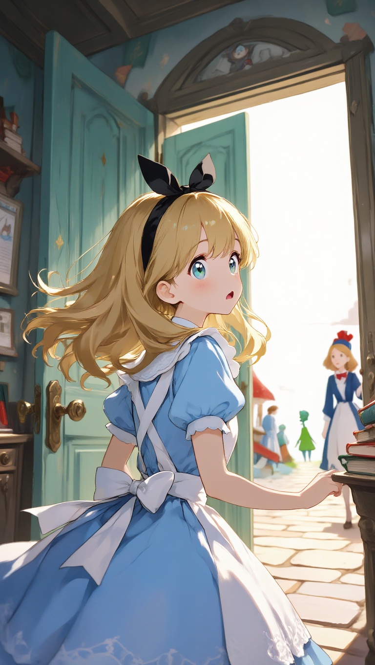 Alice-inspired girl,  turning back pose,  surprised eyes on Tensor.Art