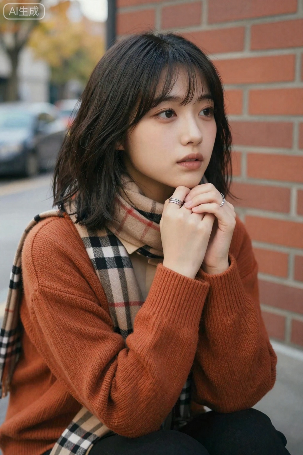 OBbllai,
A young woman with shoulder-length dark hair and bangs sits beside a red brick wall

her gaze directed thoughtfully to the right. She wears a rust-orange ribbed knit sweater over a beige collared shirt

with a plaid scarf in beige

black

and red draped around her neck. Her hands are clasped gently near her chin

adorned with three simple silver rings. Soft

natural light illuminates her face and the textured sweater

while the background shows a blurred street scene with autumnal trees and parked cars

suggesting an outdoor urban setting in mild weather. The composition conveys quiet contemplation and warmth.

