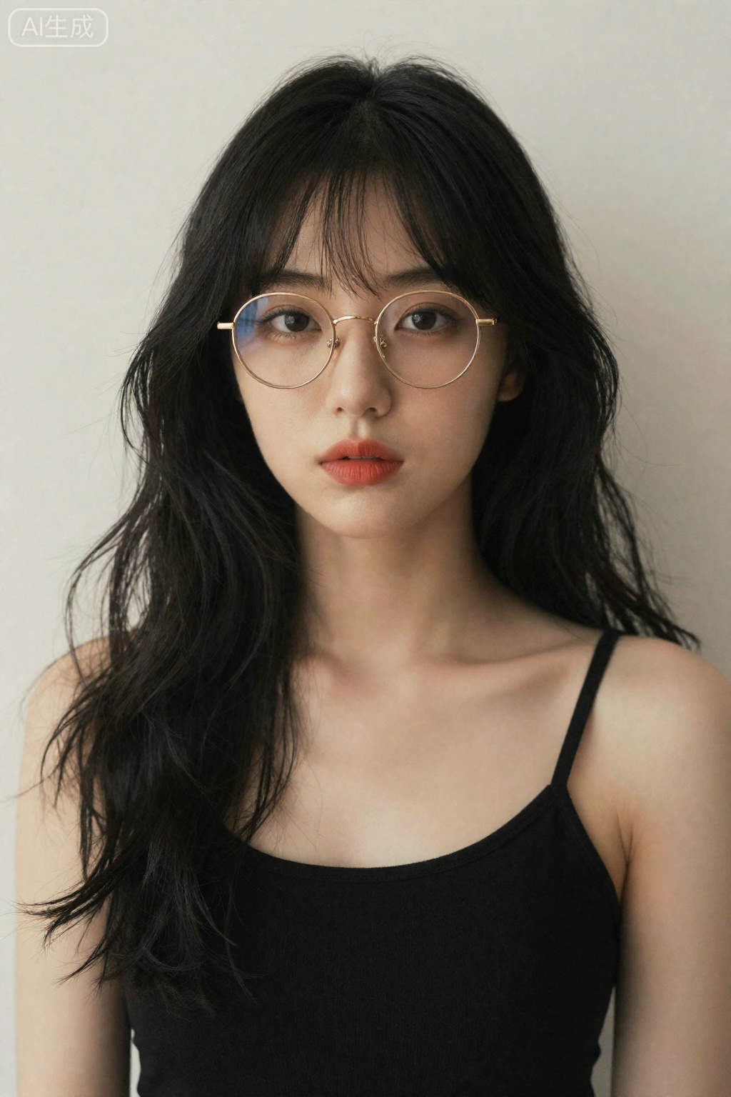 OBbllai,
A young woman with long

wavy black hair and soft bangs gazes directly at the viewer

her expression calm and composed. She wears thin

round gold-rimmed glasses that frame her dark brown eyes

which reflect subtle light. Her lips are tinted a muted coral shade

and her skin appears smooth with a natural

warm tone. She is dressed in a black spaghetti-strap top

the fabric matte and simple

contrasting with the gentle sheen of her hair and the metallic glint of the glasses. The background is a plain

off-white wall

evenly lit with soft

diffused light that minimizes shadows and highlights the contours of her face and shoulders. The overall mood is serene and introspective

emphasizing quiet elegance and understated sophistication.