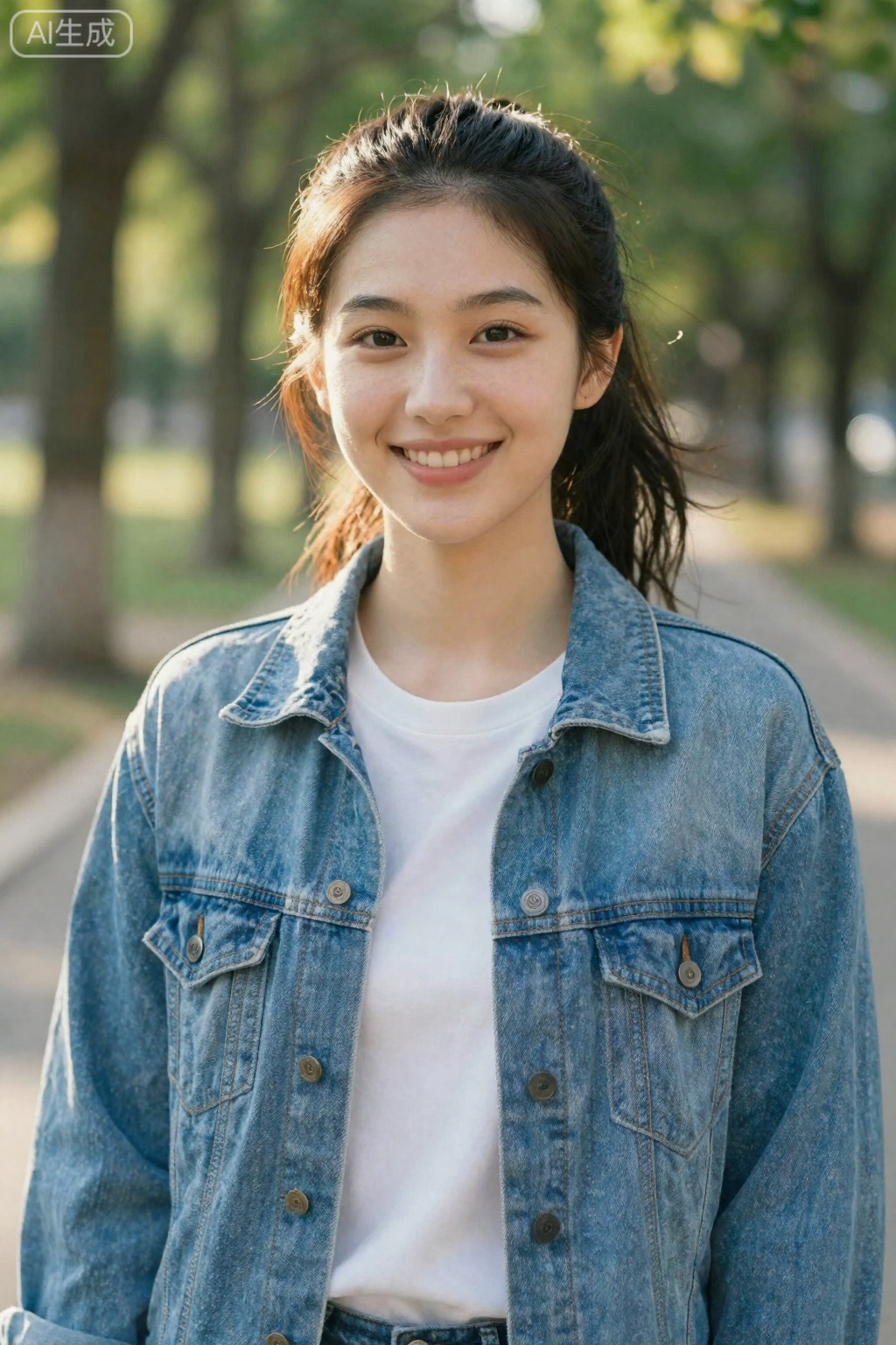 OBbllai,
A young woman with dark hair tied back in a loose ponytail smiles warmly at the camera

her face illuminated by soft

natural sunlight. She wears a light blue denim jacket over a plain white t-shirt

the fabric showing subtle texture and stitching details. Her skin has a natural tone with faint freckles across the nose and cheeks. The background is softly blurred

revealing vertical tree trunks and dappled green foliage

suggesting a park or wooded path on a bright day. Warm

golden light filters through the leaves

casting gentle highlights on her hair and shoulders

creating a calm

cheerful atmosphere.

