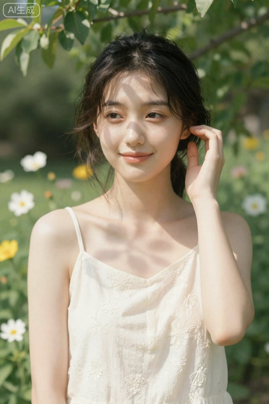 OBbllai,
A young woman with dark

loosely tied hair stands outdoors in bright natural light

her face softly illuminated with dappled shadows from overhead foliage. She wears a cream-colored sleeveless top with delicate floral embroidery and thin straps

and her right hand gently touches her temple near her ear. Her expression is calm and gentle

with a subtle smile and eyes looking slightly off-camera. The background is a lush

out-of-focus garden of green leaves and scattered white and yellow flowers

creating a serene

sun-drenched atmosphere. Warm tones dominate the scene

emphasizing texture in her skin and fabric

while the shallow depth of field isolates her as the clear focal point.

