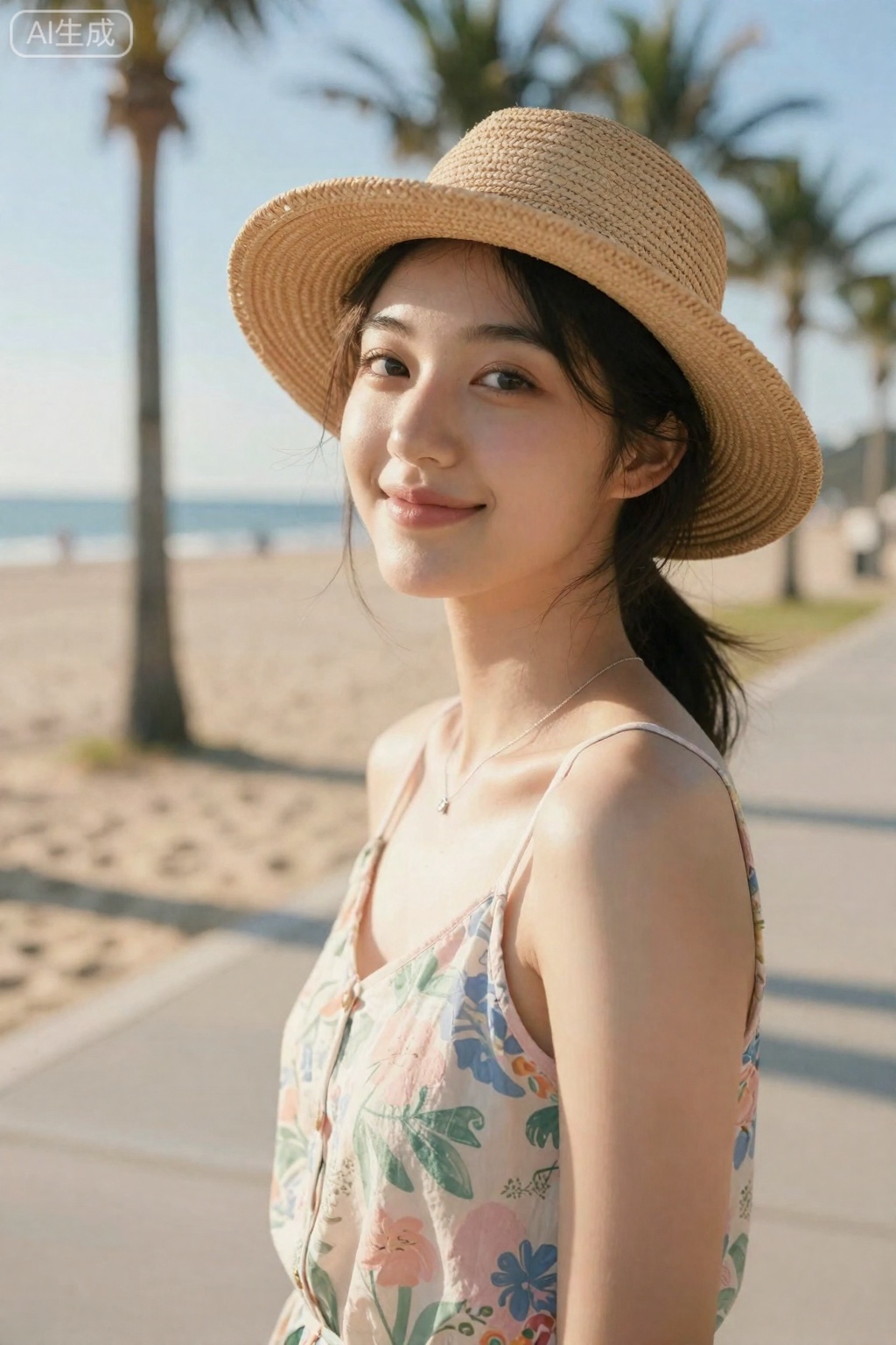 OBbllai,
A young woman with dark hair tied back smiles gently while looking off-camera

wearing a light brown woven straw hat and a floral-patterned sleeveless top in soft pastel tones of pink

blue

and green. She stands on a paved path beside a sandy beach

with tall palm trees blurred in the background under a bright

clear sky. Warm sunlight illuminates her face and shoulder

casting soft shadows and highlighting the texture of her hat and delicate silver necklace. The scene conveys a relaxed

summery atmosphere with natural

golden-hour lighting enhancing the tranquil coastal setting.

