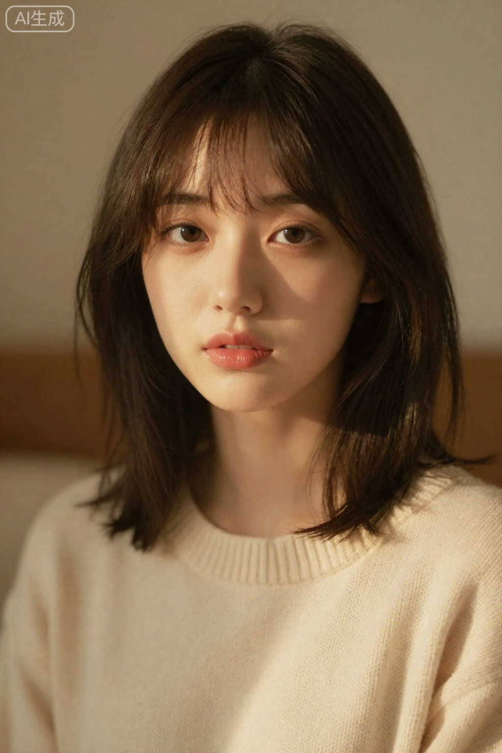 OBbllai,
A young woman with shoulder-length dark brown hair and soft bangs gazes directly at the viewer

her expression calm and contemplative. Warm

diffused light illuminates her face from the left

casting gentle shadows that accentuate her features and create a soft glow on her skin. She wears a cream-colored knitted sweater with a visible ribbed texture around the neckline. Her eyes are large and brown

lips subtly tinted pink

and her complexion appears smooth. The background is softly blurred in warm golden and beige tones

suggesting an indoor setting with natural light filtering through. The overall mood is serene and intimate

emphasized by the shallow depth of field and tender lighting.