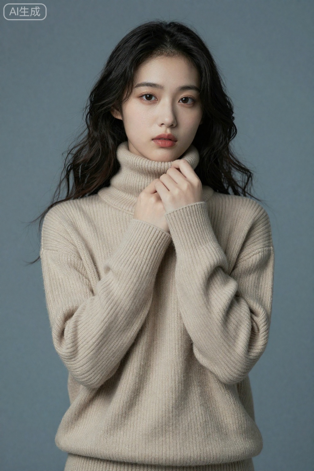 OBbllai,
A young woman with long

wavy dark hair gazes softly toward the viewer

her expression calm and composed. She wears a thick

beige ribbed turtleneck sweater with prominent vertical knit texture

its sleeves slightly oversized. Her hands are gently clasped near her collarbone

fingers interlaced. The background is a smooth

muted blue-gray gradient

evenly lit with soft

diffused lighting that highlights her features without harsh shadows. Warm tones accentuate her skin and lips

contrasting subtly with the cool backdrop. The overall mood is serene and introspective

emphasized by the gentle pose and neutral setting.

