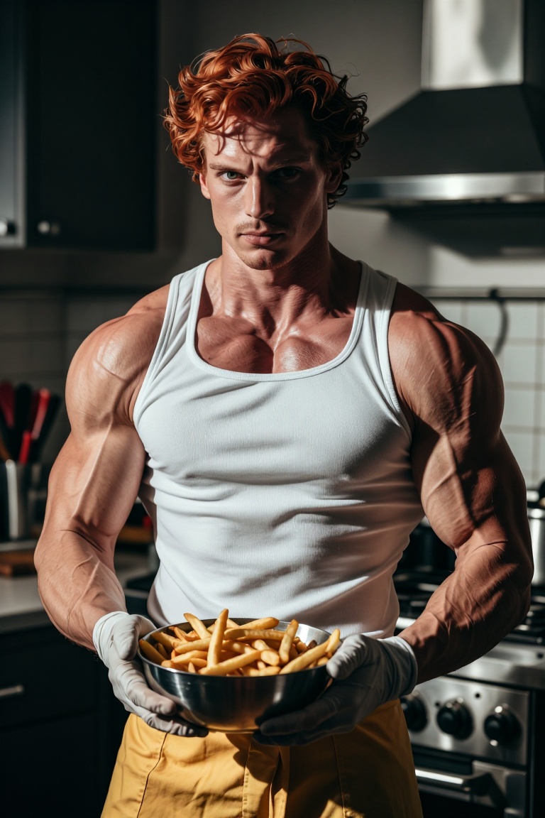 [Professional studio portrait photograph of] The image shows a person with red curly hair and a muscular build,  wearing a...
