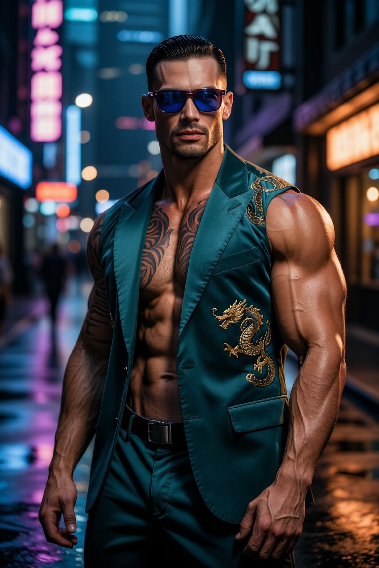 [Professional studio portrait photograph of] Hyper-realistic cyberpunk portrait: a tall,  muscular man with olive skin,  s...
