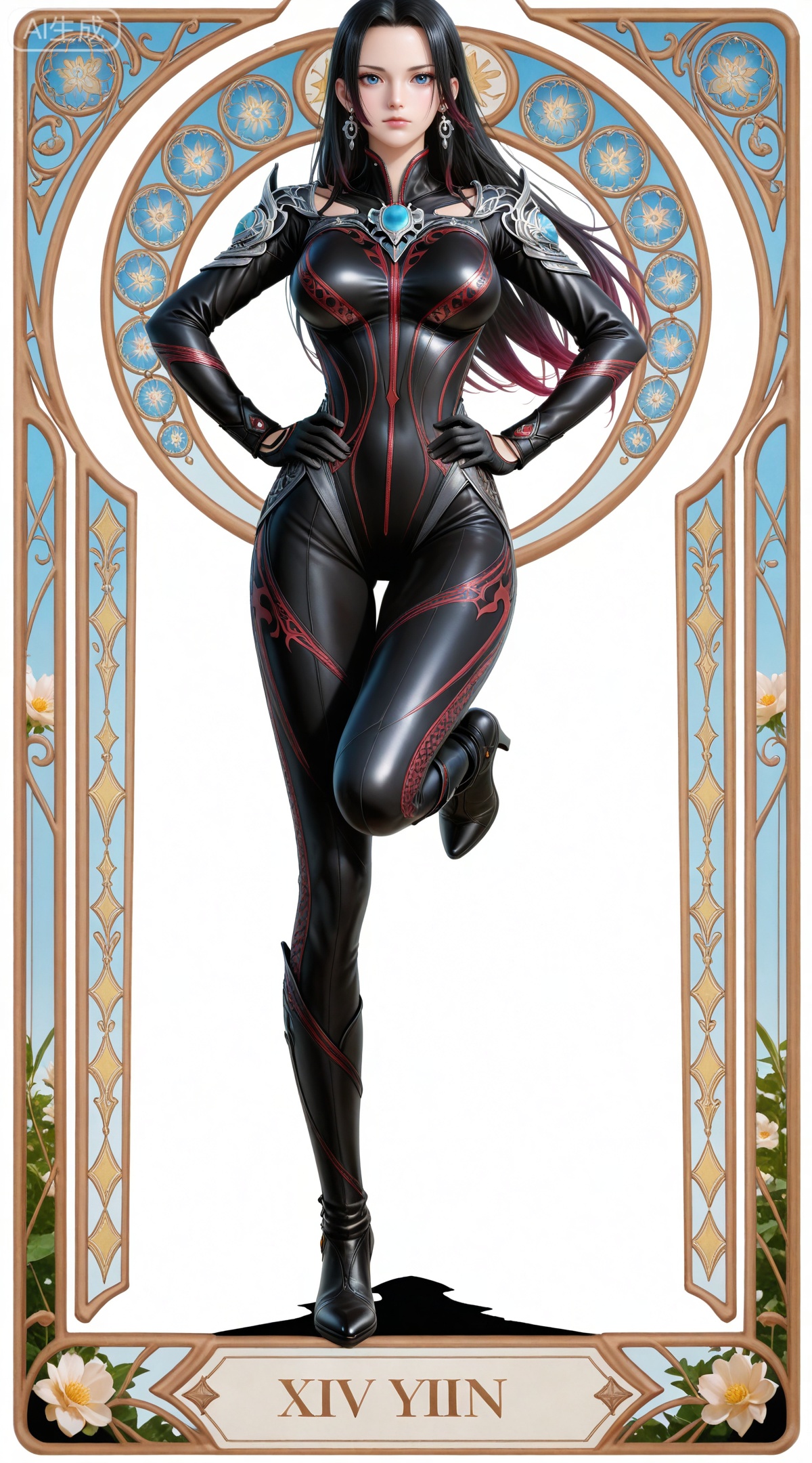 masterpiece,high quality,tall,game cg,highres,(soft light:1.2),(white_skin:0.6),(shiny_skin:0.6),(realistic:1.1),lvjing,
(boa hancock one piece:0.6),black hair,long hair,blue eyes,jewelry,earrings,multicolored hair,gradient hair,streaked hair,
art nouveau,traditional media,flower,xiamu,(tarot (medium):1.2),day,shadow,looking_at_viewer,,
clothes: zhuzhuqing black bodysuit,zhuzhuqingblack gloves,zhuzhuqing shoulder armor,zhuzhuqing high heel boots,1girl,solo,full body,hands on own hips,breasts,standing,long hair,white background,looking at viewer,simple background,lips,transparent background,leg up,closed mouth,medium breasts,