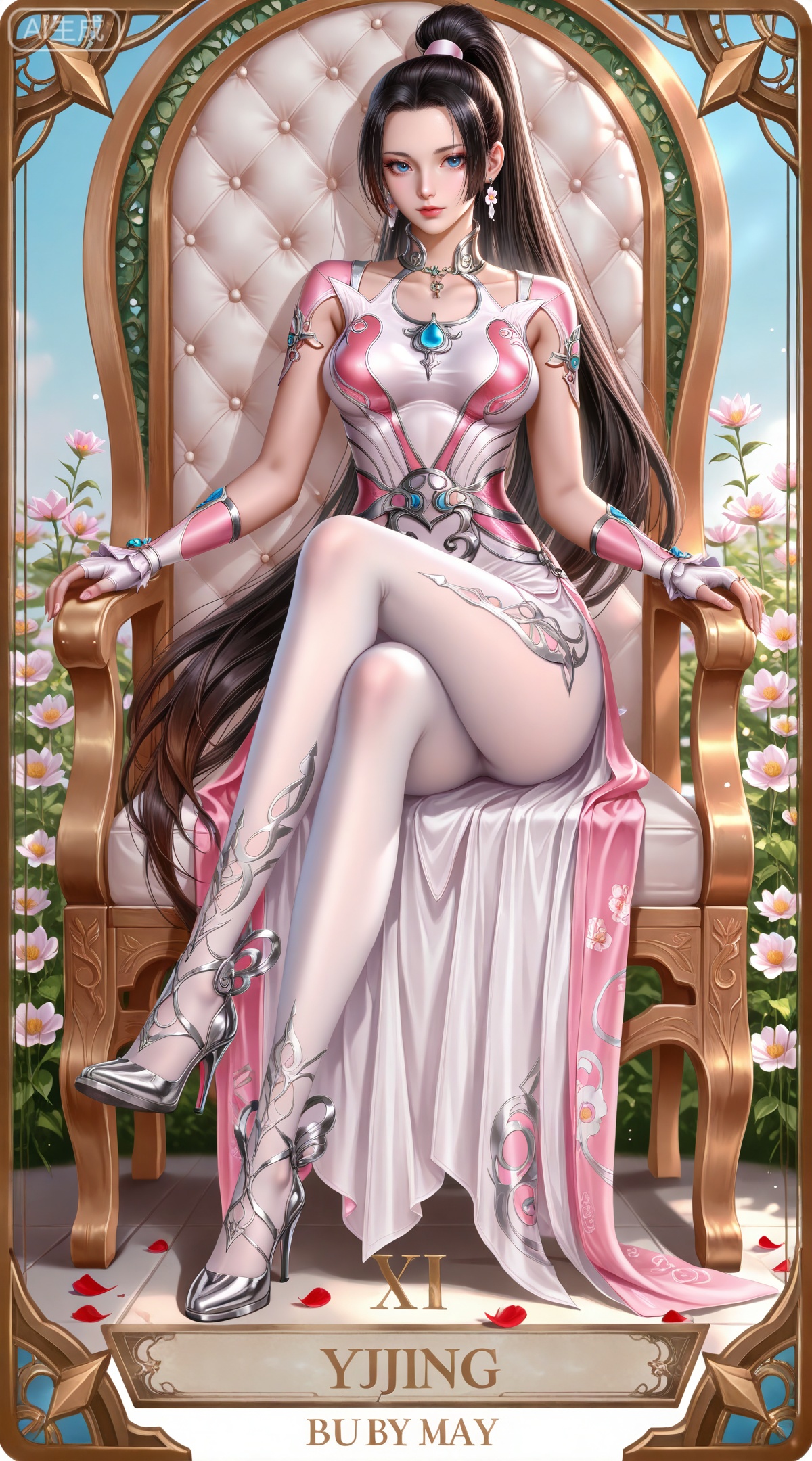 masterpiece,high quality,tall,game cg,highres,(soft light:1.2),(white_skin:0.6),(shiny_skin:0.6),(realistic:1.1),lvjing,
(boa hancock one piece:0.6),black hair,long hair,blue eyes,jewelry,earrings,multicolored hair,gradient hair,streaked hair,
art nouveau,traditional media,flower,xiamu,(tarot (medium):1.2),day,shadow,looking_at_viewer,,
clothes: xiaowu pink and white dress, xiaowu high heels, xiaowu white pantyhose, xiaowu white fingerless gloves, xiaowu metal collar, 1girl, solo, long hair, brown hair, petals, sitting, crossed legs, very long hair, ponytail, breasts, chair, throne, falling petals, full body