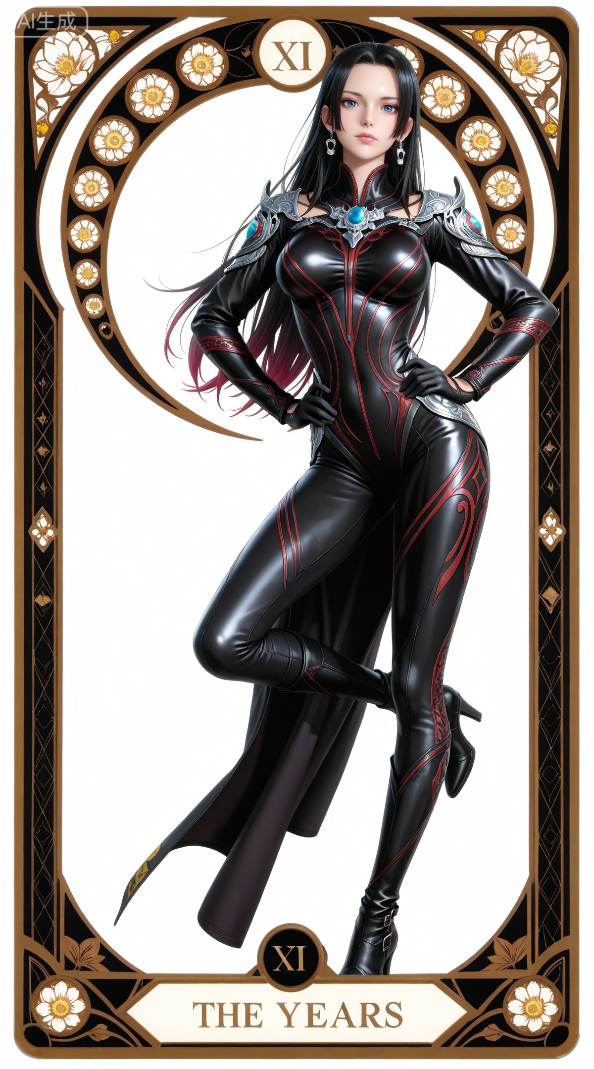 masterpiece,high quality,tall,game cg,highres,(soft light:1.2),(white_skin:0.6),(shiny_skin:0.6),(realistic:1.1),lvjing,
(boa hancock one piece:0.6),black hair,long hair,blue eyes,jewelry,earrings,multicolored hair,gradient hair,streaked hair,
art nouveau,traditional media,flower,xiamu,(tarot (medium):1.2),day,shadow,looking_at_viewer,,
clothes: zhuzhuqing black bodysuit,zhuzhuqingblack gloves,zhuzhuqing shoulder armor,zhuzhuqing high heel boots,1girl,solo,full body,hands on own hips,breasts,standing,long hair,white background,looking at viewer,simple background,lips,transparent background,leg up,closed mouth,medium breasts,