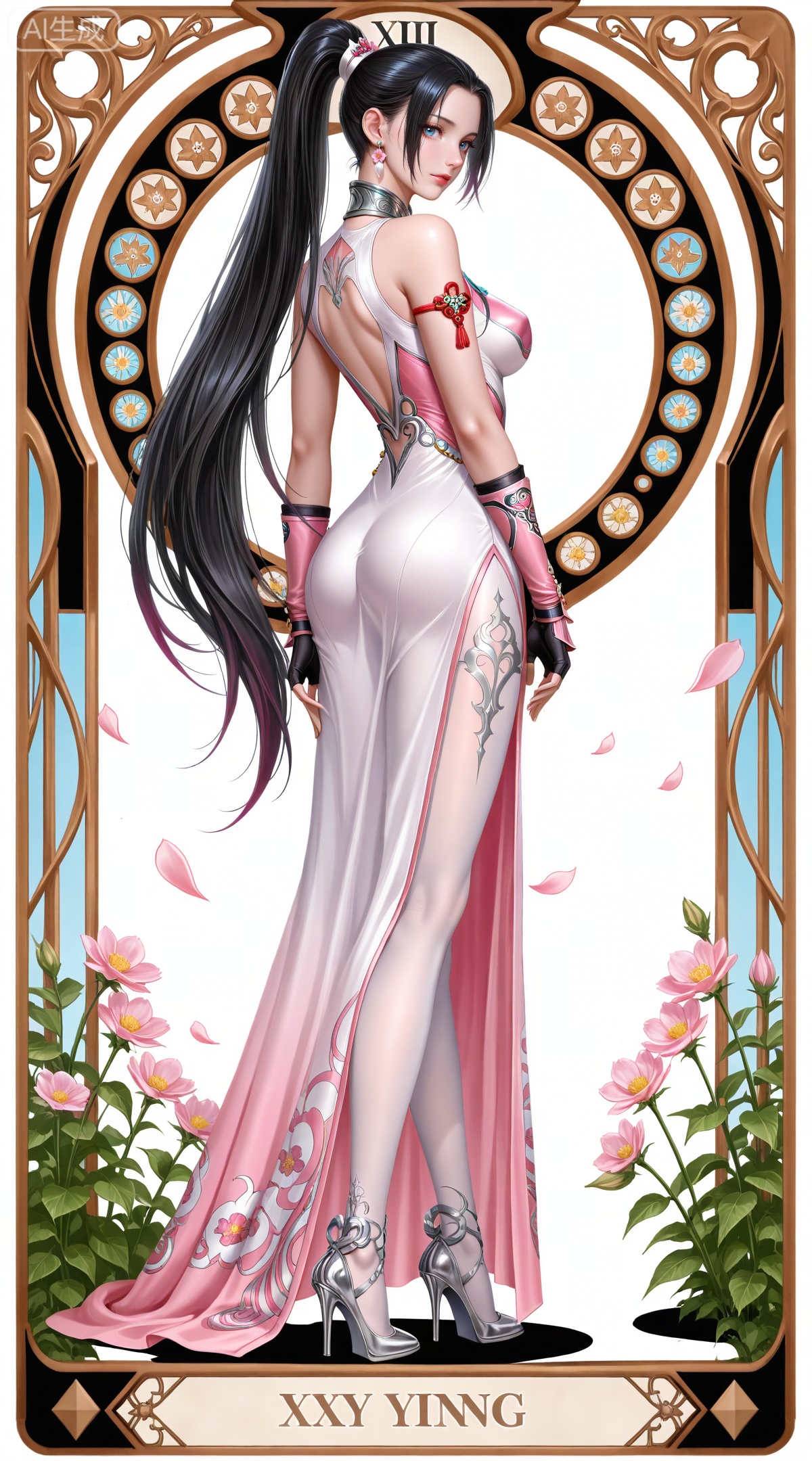 masterpiece,high quality,tall,game cg,highres,(soft light:1.2),(white_skin:0.6),(shiny_skin:0.6),(realistic:1.1),lvjing,
(boa hancock one piece:0.6),black hair,long hair,blue eyes,jewelry,earrings,multicolored hair,gradient hair,streaked hair,
art nouveau,traditional media,flower,xiamu,(tarot (medium):1.2),day,shadow,looking_at_viewer,,
clothes: xiaowu pink and white dress, xiaowu high heels, xiaowu white pantyhose, xiaowu white fingerless gloves, xiaowu metal collar, 1girl, solo, long hair, petals, ponytail, very long hair, ass, flower, white background, full body, breasts, from behind, medium breasts, simple background,long dress,