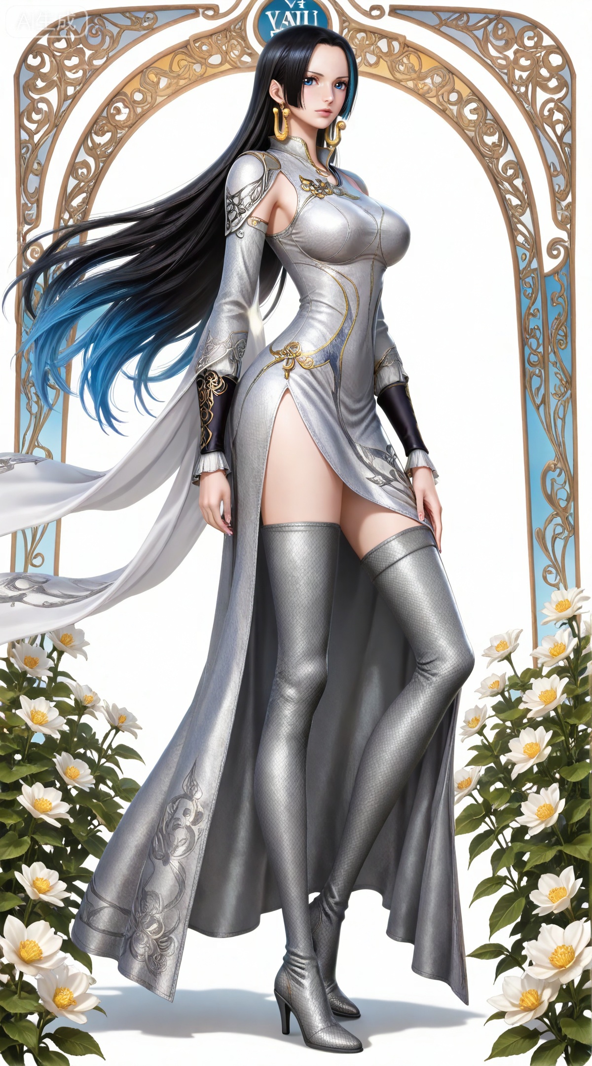 masterpiece,high quality,tall,game cg,highres,(soft light:1.2),(white_skin:0.6),(shiny_skin:0.6),(realistic:1.1),lvjing,
boa hancock one piece,boa hancock,black hair,long hair,blue eyes,jewelry,earrings,,multicolored hair,gradient hair,streaked hair,
art nouveau,traditional media,flower,xiamu,(tarot (medium):1.2),day,shadow,looking_at_viewer,,
clothes: tangyuehua dress, tangyuehua high heel boots, tangyuehua thigh boots, tangyuehua grey thighhighs, 1girl, solo, full body, blue hair, white background, standing, lips, long hair