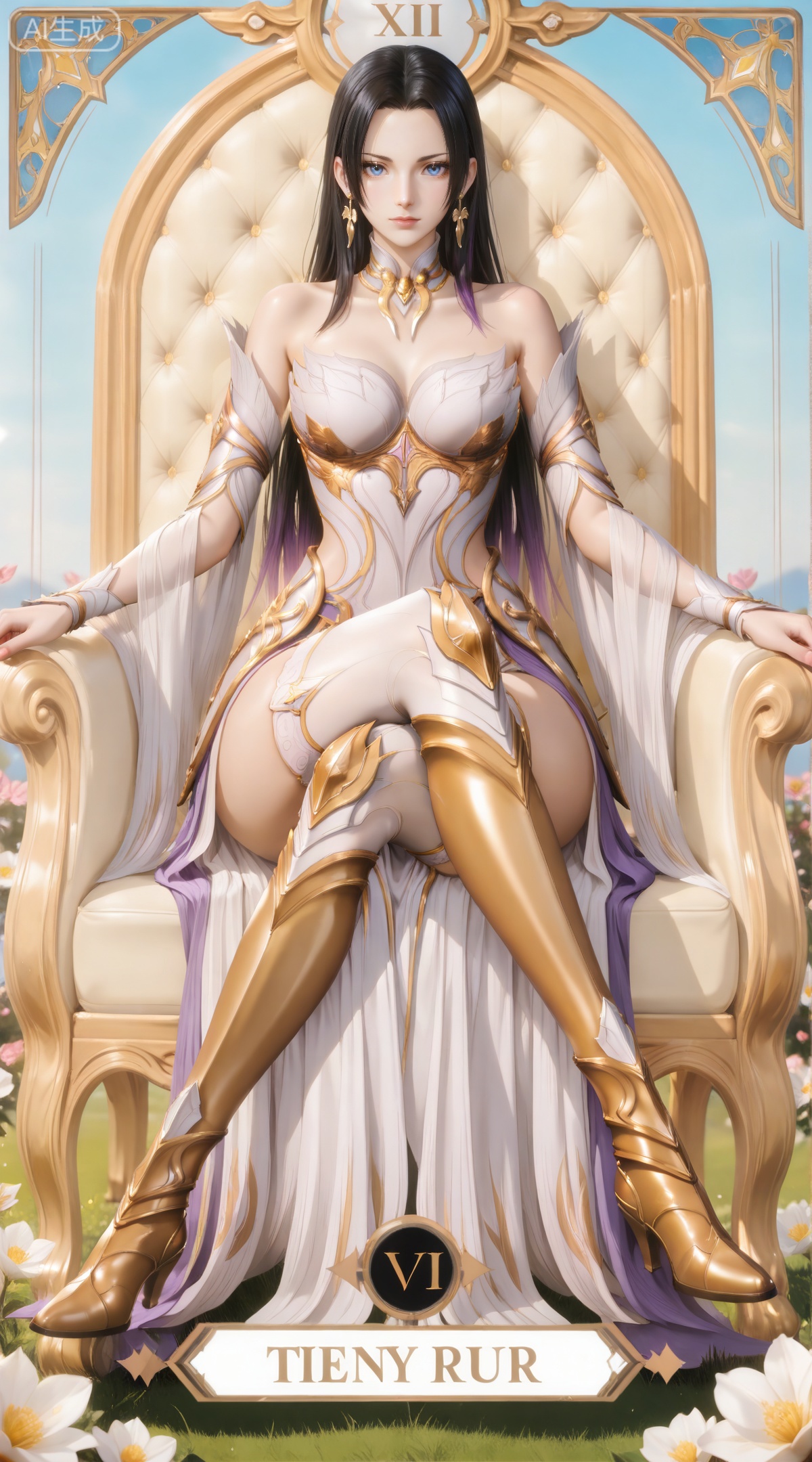 masterpiece,high quality,tall,game cg,highres,(soft light:1.2),(white_skin:0.6),(shiny_skin:0.6),(realistic:1.1),lvjing,
(boa hancock one piece:0.6),black hair,long hair,blue eyes,jewelry,earrings,multicolored hair,gradient hair,streaked hair,
art nouveau,traditional media,flower,xiamu,(tarot (medium):1.2),day,shadow,looking_at_viewer,,
clothes: qianrenxue white and purple dress,qianrenxue armor,qianrenxue armored boots,qianrenxue armored dress,qianrenxue detached sleeves,qianrenxue high heel boots,qianrenxue white thighhighs,qianrenxue greaves,1girl,sitting,solo,breasts,long hair,crossed legs,bare shoulders,throne,thighs,medium breasts,cleavage,