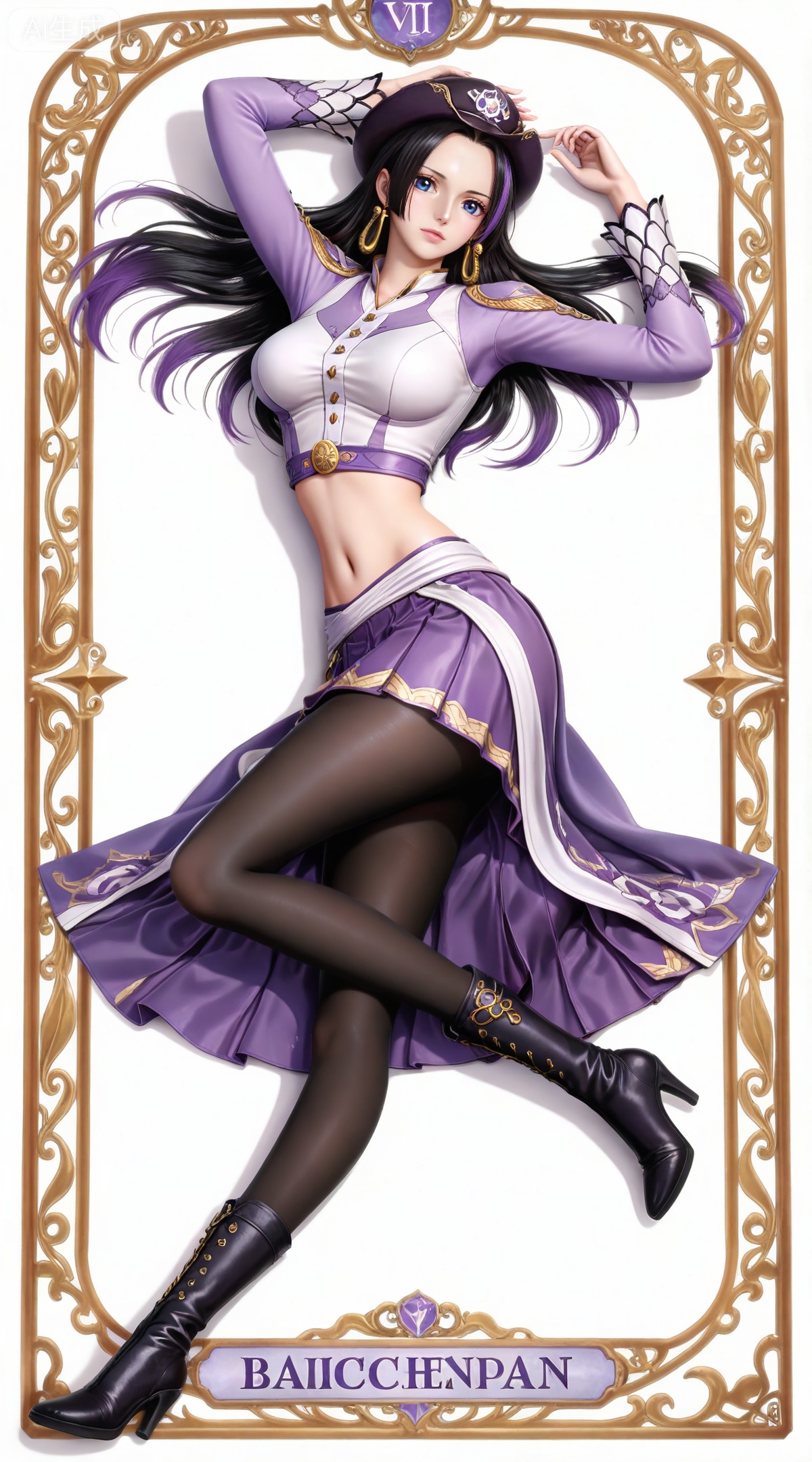masterpiece,high quality,tall,game cg,highres,(soft light:1.2),(white_skin:0.6),(shiny_skin:0.6),(realistic:1.1),lvjing,
boa hancock one piece,boa hancock,black hair,long hair,blue eyes,jewelry,earrings,,multicolored hair,gradient hair,streaked hair,
art nouveau,traditional media,flower,xiamu,(tarot (medium):1.2),day,shadow,looking_at_viewer,,
clothes: baichenxiang white and purple crop top, clothes: baichenxiang purple miniskirt, baichenxiang high heel boots, clothes: baichenxiang pleated skirt, 1girl, solo, pantyhose, navel, black pantyhose, lying, on back,  white background, breasts, full body, midriff, long hair, long sleeves,  simple background, medium breasts, looking at viewer, hat