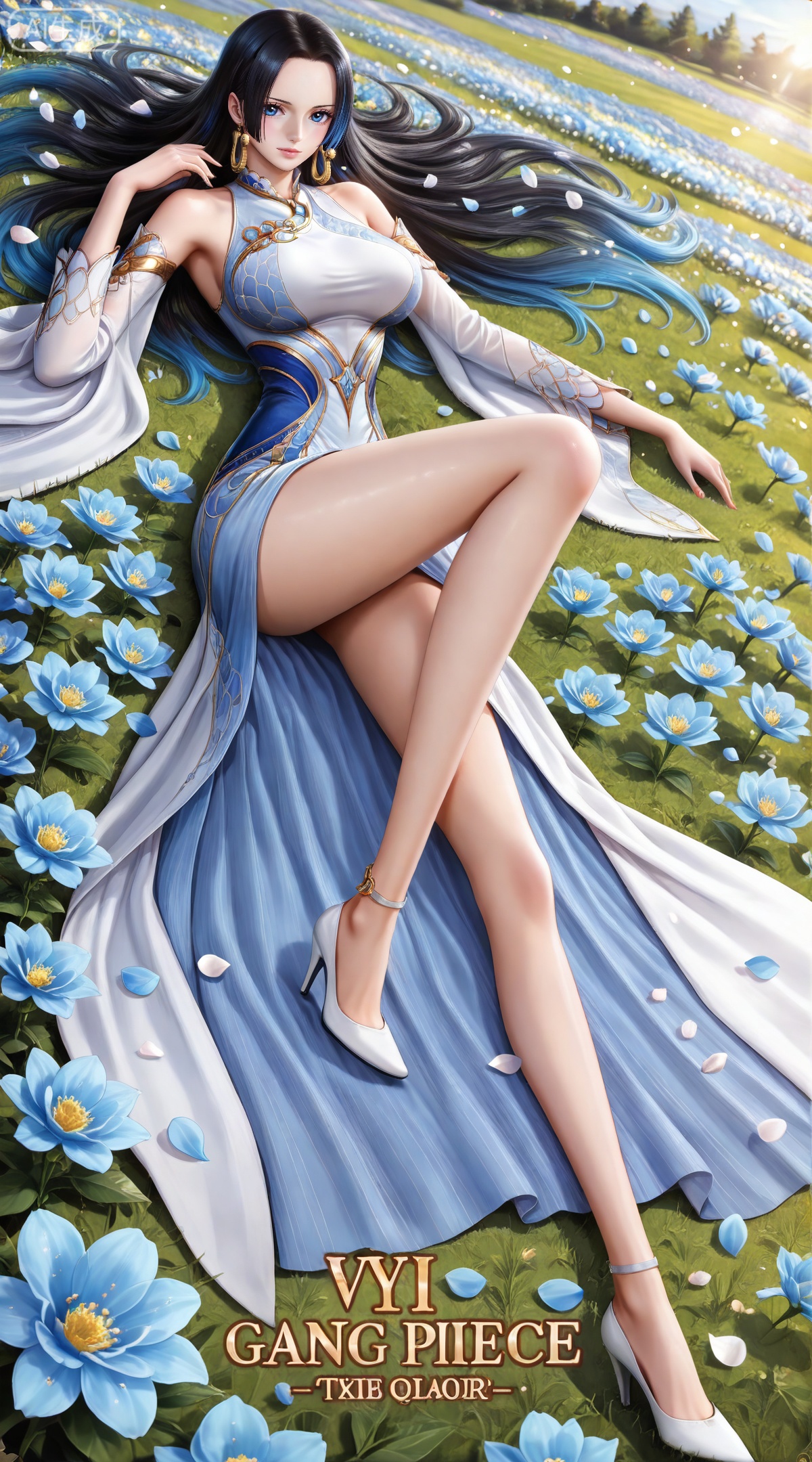 masterpiece,high quality,tall,game cg,highres,(soft light:1.2),(white_skin:0.6),(shiny_skin:0.6),(realistic:1.1),lvjing,
boa hancock one piece,boa hancock,black hair,long hair,blue eyes,jewelry,earrings,,multicolored hair,gradient hair,streaked hair,
art nouveau,traditional media,flower,xiamu,(tarot (medium):1.2),day,shadow,looking_at_viewer,,
clothes: tangwutong white-and-blue dress, 1girl, solo, long hair, blue hair, breasts, flower, lying, flower field, on back, legs, detached sleeves, high heels, bare shoulders, petals, jewelry, bare legs, field, full body, thighs, white footwear, blue flower, large breasts