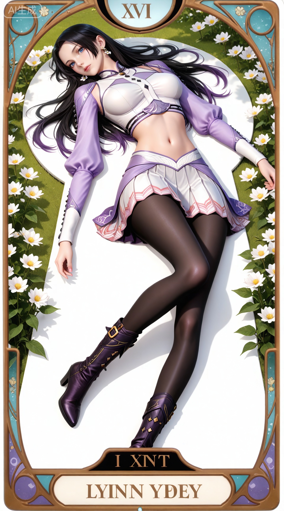 masterpiece,high quality,tall,game cg,highres,(soft light:1.2),(white_skin:0.6),(shiny_skin:0.6),(realistic:1.1),lvjing,
(boa hancock one piece:0.6),black hair,long hair,blue eyes,jewelry,earrings,multicolored hair,gradient hair,streaked hair,
art nouveau,traditional media,flower,xiamu,(tarot (medium):1.2),day,shadow,looking_at_viewer,,
clothes: baichenxiang white and purple crop top, clothes: baichenxiang purple miniskirt, baichenxiang high heel boots, clothes: baichenxiang pleated skirt, 1girl, solo, pantyhose, navel, black pantyhose, lying, on back, white background, breasts, full body, midriff, long hair, long sleeves, simple background, medium breasts, looking at viewer,water,