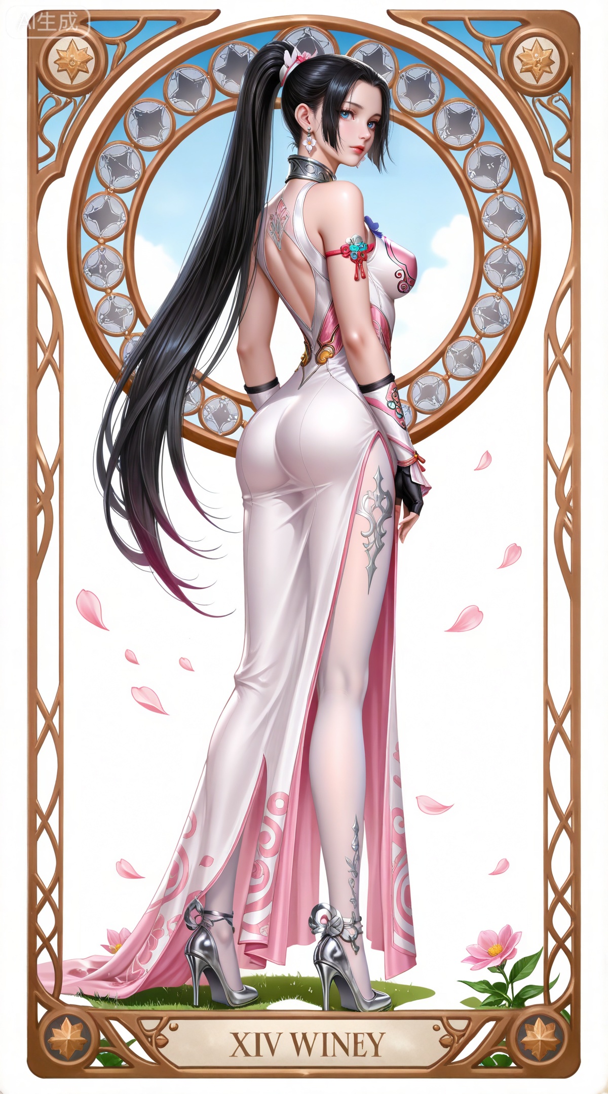 masterpiece,high quality,tall,game cg,highres,(soft light:1.2),(white_skin:0.6),(shiny_skin:0.6),(realistic:1.1),lvjing,
(boa hancock one piece:0.6),black hair,long hair,blue eyes,jewelry,earrings,multicolored hair,gradient hair,streaked hair,
art nouveau,traditional media,flower,xiamu,(tarot (medium):1.2),day,shadow,looking_at_viewer,,
clothes: xiaowu pink and white dress, xiaowu high heels, xiaowu white pantyhose, xiaowu white fingerless gloves, xiaowu metal collar, 1girl, solo, long hair, petals, ponytail, very long hair, ass, flower, white background, full body, breasts, from behind, medium breasts, simple background,long dress,