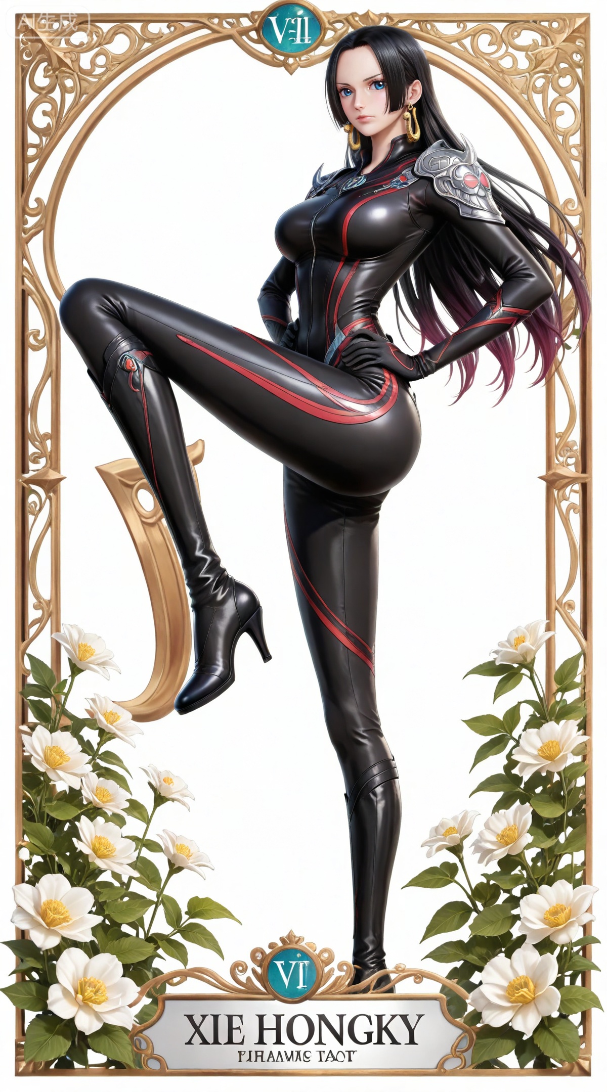masterpiece,high quality,tall,game cg,highres,(soft light:1.2),(white_skin:0.6),(shiny_skin:0.6),(realistic:1.1),lvjing,
boa hancock one piece,boa hancock,black hair,long hair,blue eyes,jewelry,earrings,,multicolored hair,gradient hair,streaked hair,
art nouveau,traditional media,flower,xiamu,(tarot (medium):1.2),day,shadow,looking_at_viewer,,
clothes: zhuzhuqing black bodysuit,zhuzhuqingblack gloves,zhuzhuqing shoulder armor,zhuzhuqing high heel boots,1girl,solo,full body,hands on own hips,breasts,standing,long hair,white background,looking at viewer,simple background,lips,transparent background,leg up,closed mouth,medium breasts,