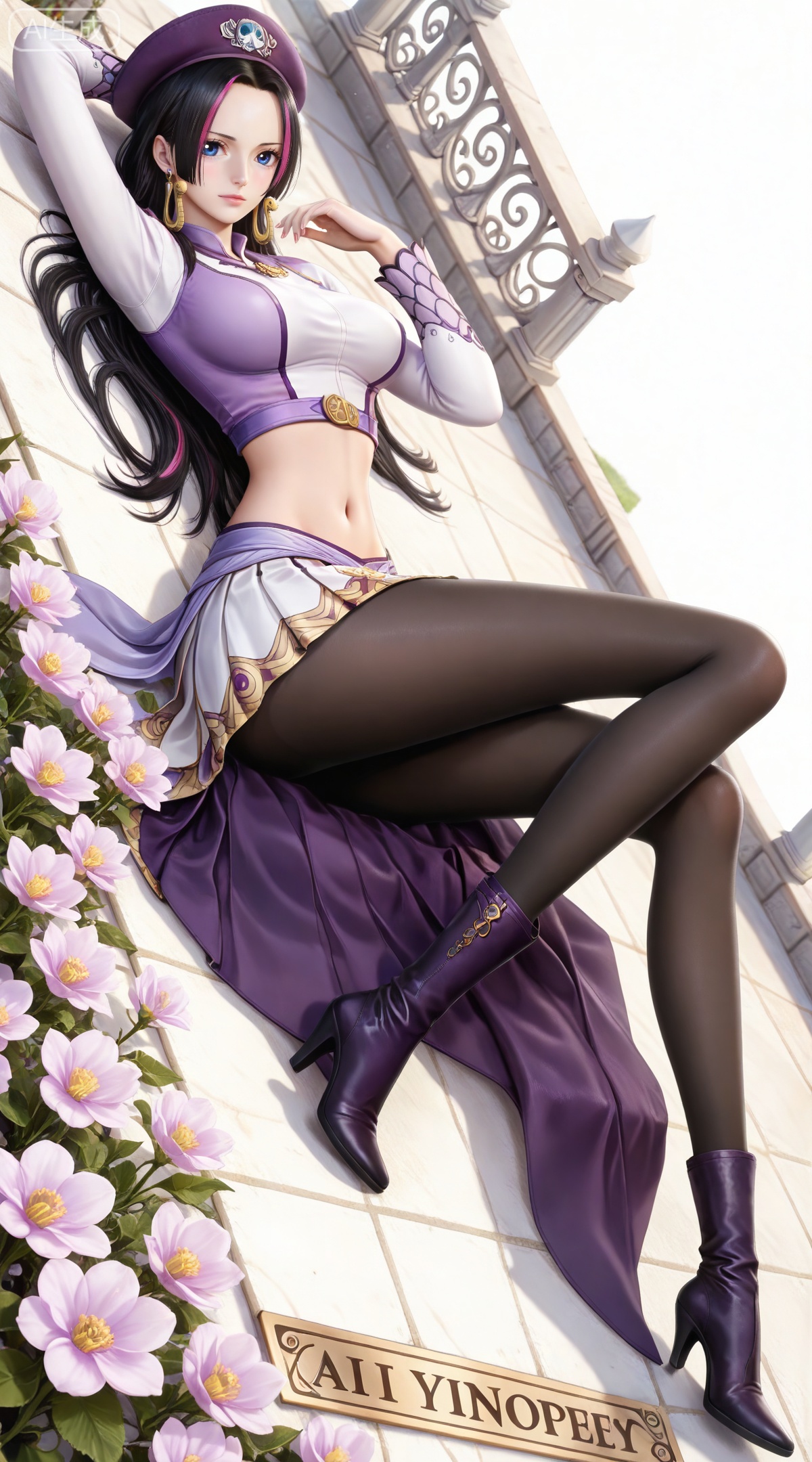 masterpiece,high quality,tall,game cg,highres,(soft light:1.2),(white_skin:0.6),(shiny_skin:0.6),(realistic:1.1),lvjing,
boa hancock one piece,boa hancock,black hair,long hair,blue eyes,jewelry,earrings,,multicolored hair,gradient hair,streaked hair,
art nouveau,traditional media,flower,xiamu,(tarot (medium):1.2),day,shadow,looking_at_viewer,,
clothes: baichenxiang white and purple crop top, clothes: baichenxiang purple miniskirt, baichenxiang high heel boots, clothes: baichenxiang pleated skirt, 1girl, solo, pantyhose, navel, black pantyhose, lying, on back,  white background, breasts, full body, midriff, long hair, long sleeves,  simple background, medium breasts, looking at viewer, hat