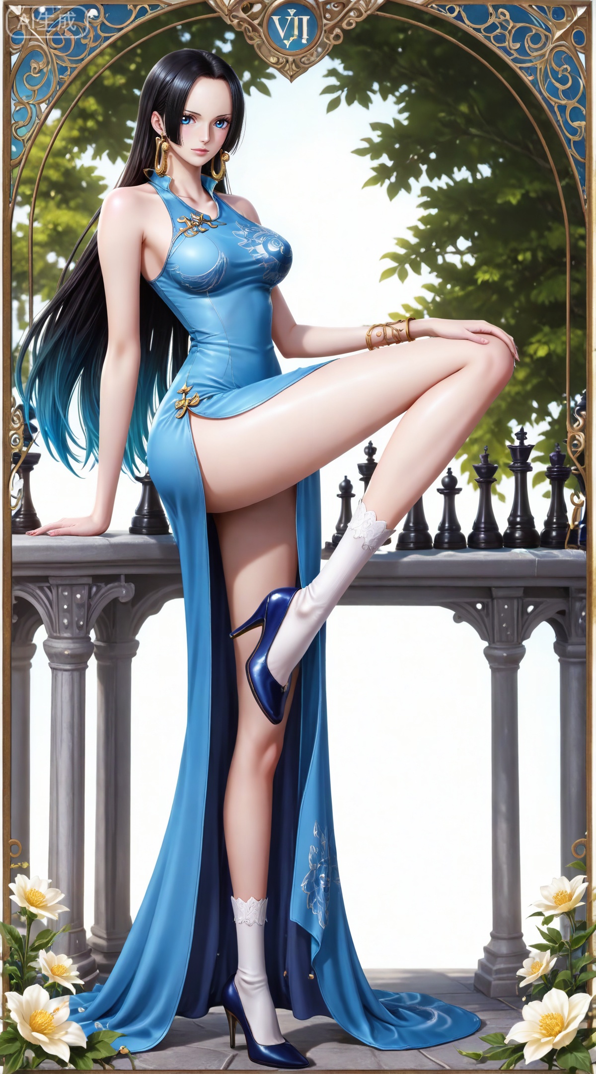 masterpiece,high quality,tall,game cg,highres,(soft light:1.2),(white_skin:0.6),(shiny_skin:0.6),(realistic:1.1),lvjing,
boa hancock one piece,boa hancock,black hair,long hair,blue eyes,jewelry,earrings,,multicolored hair,gradient hair,streaked hair,
art nouveau,traditional media,flower,xiamu,(tarot (medium):1.2),day,shadow,looking_at_viewer,,
clothes: ayin blue dress, ayin blue high heels, ayin white socks, ayin bracelet, 1girl, solo, long hair, breasts, jewelry, legs,bare shoulders, full body, medium breasts, thighs, standing, leg up, side slit, arm support, collarbone, standing on one leg, chess piece