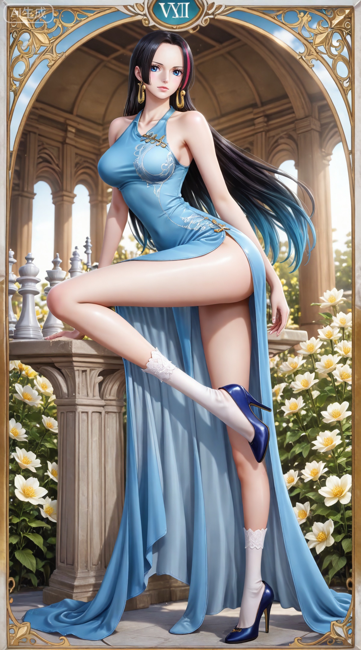 masterpiece,high quality,tall,game cg,highres,(soft light:1.2),(white_skin:0.6),(shiny_skin:0.6),(realistic:1.1),lvjing,
boa hancock one piece,boa hancock,black hair,long hair,blue eyes,jewelry,earrings,,multicolored hair,gradient hair,streaked hair,
art nouveau,traditional media,flower,xiamu,(tarot (medium):1.2),day,shadow,looking_at_viewer,,
clothes: ayin blue dress, ayin blue high heels, ayin white socks, ayin bracelet, 1girl, solo, long hair, breasts, jewelry, legs,bare shoulders, full body, medium breasts, thighs, standing, leg up, side slit, arm support, collarbone, standing on one leg, chess piece