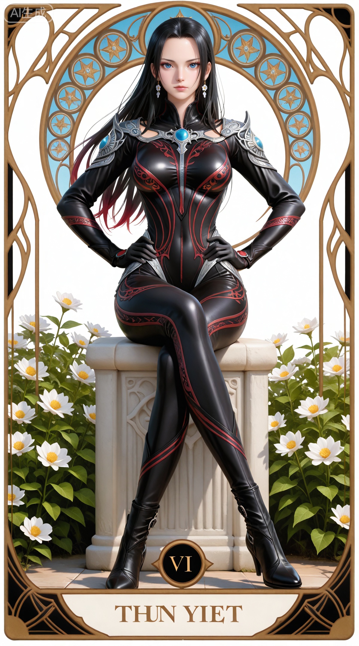 masterpiece,high quality,tall,game cg,highres,(soft light:1.2),(white_skin:0.6),(shiny_skin:0.6),(realistic:1.1),lvjing,
(boa hancock one piece:0.6),black hair,long hair,blue eyes,jewelry,earrings,multicolored hair,gradient hair,streaked hair,
art nouveau,traditional media,flower,xiamu,(tarot (medium):1.2),day,shadow,looking_at_viewer,,
clothes: zhuzhuqing black bodysuit,zhuzhuqingblack gloves,zhuzhuqing shoulder armor,zhuzhuqing high heel boots,1girl,solo,full body,hands on own hips,breasts,standing,long hair,white background,looking at viewer,simple background,lips,transparent background,closed mouth,medium breasts,sitting,