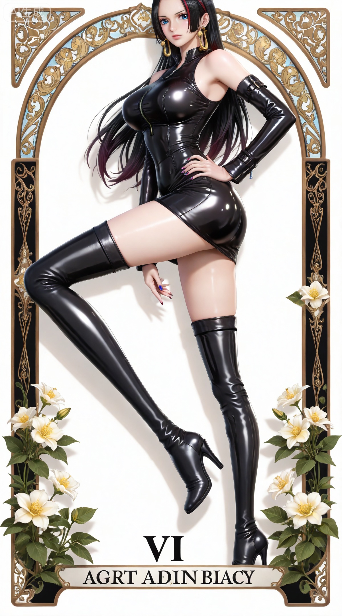 masterpiece,high quality,tall,game cg,highres,(soft light:1.2),(white_skin:0.6),(shiny_skin:0.6),(realistic:1.1),lvjing,
boa hancock one piece,boa hancock,black hair,long hair,blue eyes,jewelry,earrings,,multicolored hair,gradient hair,streaked hair,
art nouveau,traditional media,flower,xiamu,(tarot (medium):1.2),day,shadow,looking_at_viewer,,
clothes: zhuzhuqing black short dress, zhuzhuqing high heel boots, 1girl, solo, high heels, long hair, boots, breasts, shiny clothes, thigh boots, white background, black hair, thighhighs, latex, hand on own hip, simple background, detached sleeves, thighs, nail polish, black footwear, zipper, bare shoulders, leather, skin tight, large breasts,standing,