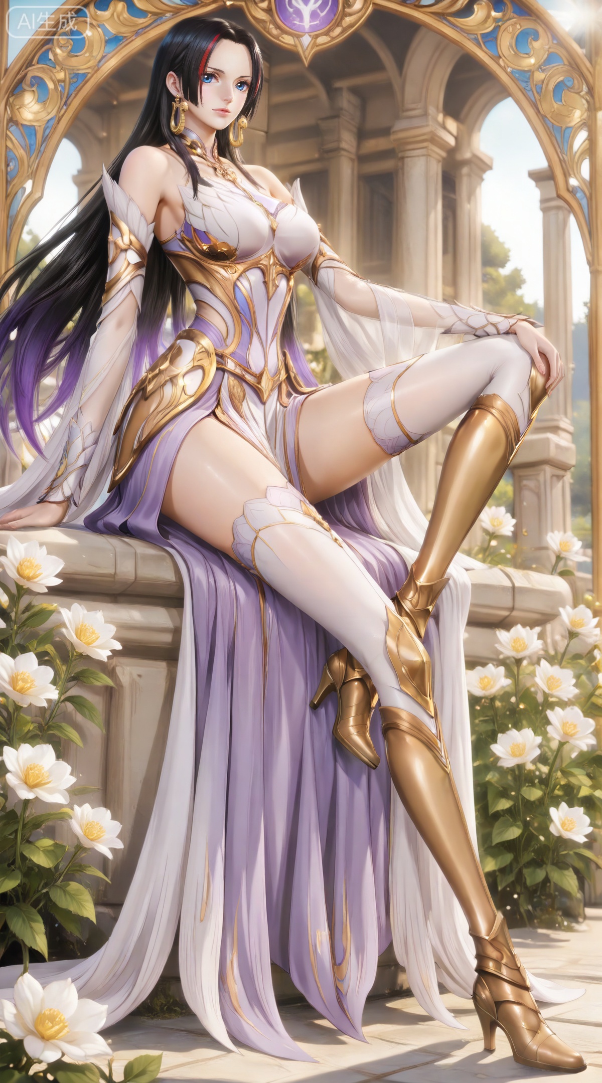 masterpiece,high quality,tall,game cg,highres,(soft light:1.2),(white_skin:0.6),(shiny_skin:0.6),(realistic:1.1),lvjing,
boa hancock one piece,boa hancock,black hair,long hair,blue eyes,jewelry,earrings,,multicolored hair,gradient hair,streaked hair,
art nouveau,traditional media,flower,xiamu,(tarot (medium):1.2),day,shadow,looking_at_viewer,,
clothes: qianrenxue white and purple dress, qianrenxue armor, qianrenxue armored boots, qianrenxue armored dress, qianrenxue detached sleeves, qianrenxue high heel boots, qianrenxue white thighhighs, qianrenxue greaves, 1girl, solo, long hair, breasts, full body, bare shoulders, standing, medium breasts,sitting,stone