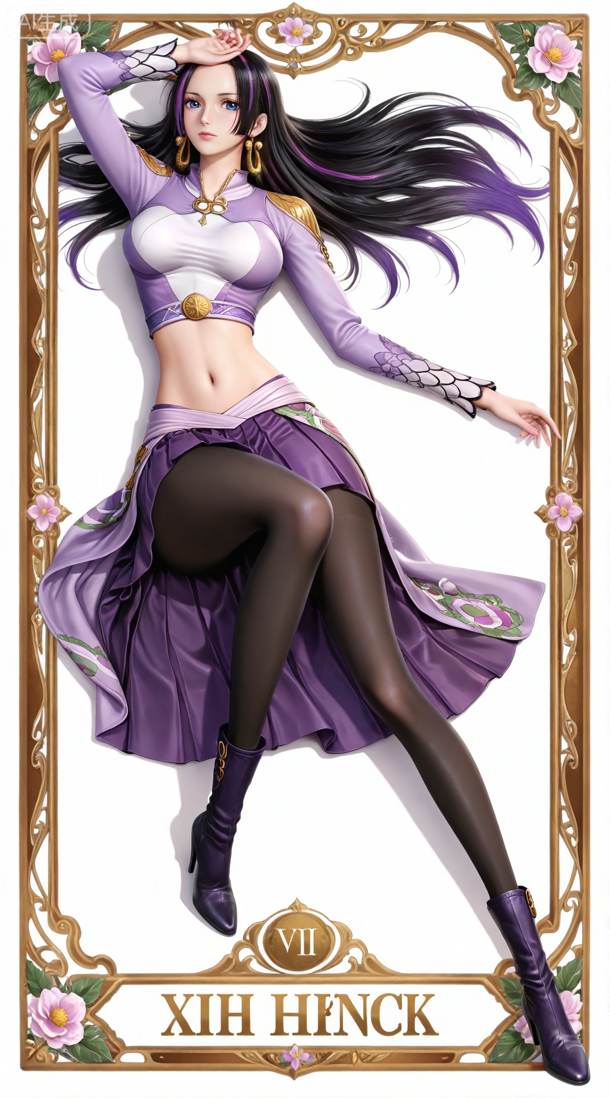 masterpiece,high quality,tall,game cg,highres,(soft light:1.2),(white_skin:0.6),(shiny_skin:0.6),(realistic:1.1),lvjing,
boa hancock one piece,boa hancock,black hair,long hair,blue eyes,jewelry,earrings,,multicolored hair,gradient hair,streaked hair,
art nouveau,traditional media,flower,xiamu,(tarot (medium):1.2),day,shadow,looking_at_viewer,,
clothes: baichenxiang white and purple crop top, clothes: baichenxiang purple miniskirt, baichenxiang high heel boots, clothes: baichenxiang pleated skirt, 1girl, solo, pantyhose, navel, black pantyhose, lying, on back,  white background, breasts, full body, midriff, long hair, long sleeves,  simple background, medium breasts, looking at viewer, 