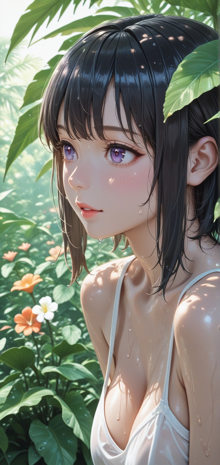 A stunning cinematic close-up portrait of a beautiful Asian woman standing in a lush tropical rainforest. **The Subject:**...