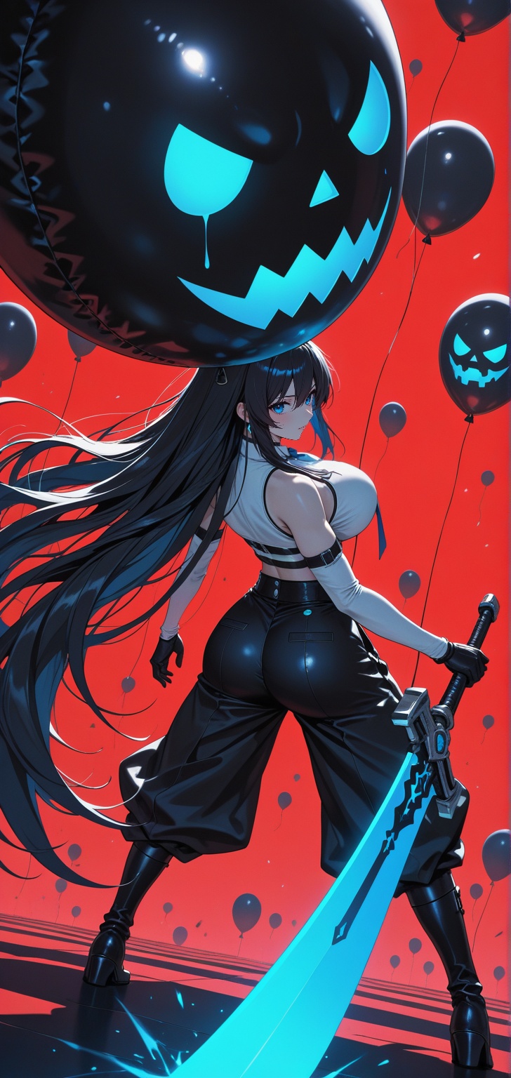 female anime character in black balloon trousers,  white top,  holding a gigantic sword on Tensor.Art