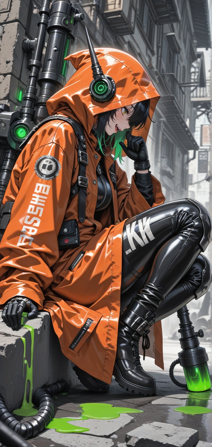 side profile. grunge bold text "Hiro" on it. stylized fonts style on side the image. mecha woman. steampunk style. porcela...