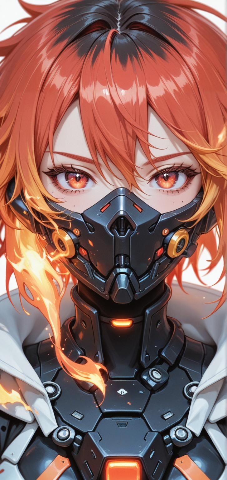 An illustration in Igoratuk style. A digital illustration of a futuristic female character with short,  fiery orange hair...