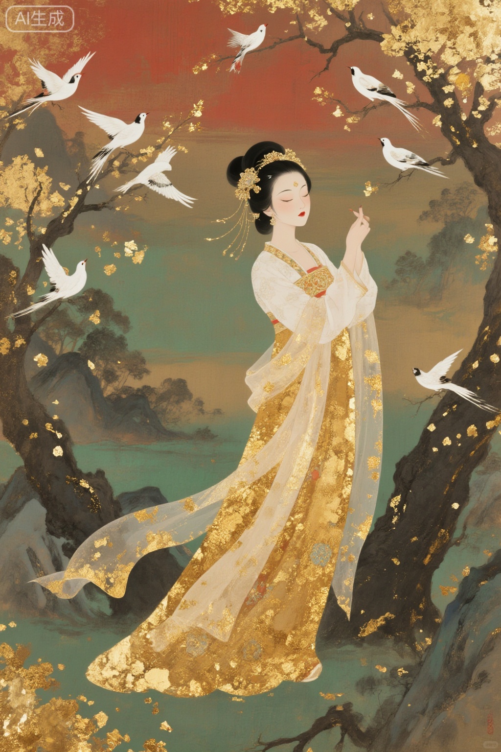 1girl solo black hair long sleeves hair ornament dress standing full body closed eyes outdoors hair bun tree see-through makeup bird chinese clothes lipstick sleeves past fingers shawl branch red lips wide shot updo hanfu,Gold leaf painting