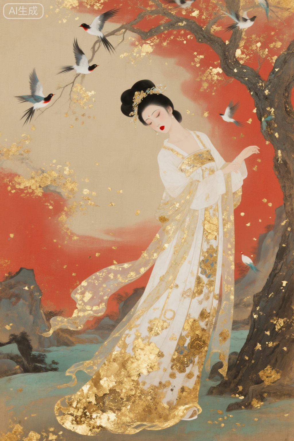 1girl solo black hair long sleeves hair ornament dress standing full body closed eyes outdoors hair bun tree see-through makeup bird chinese clothes lipstick sleeves past fingers shawl branch red lips wide shot updo hanfu,Gold leaf painting
