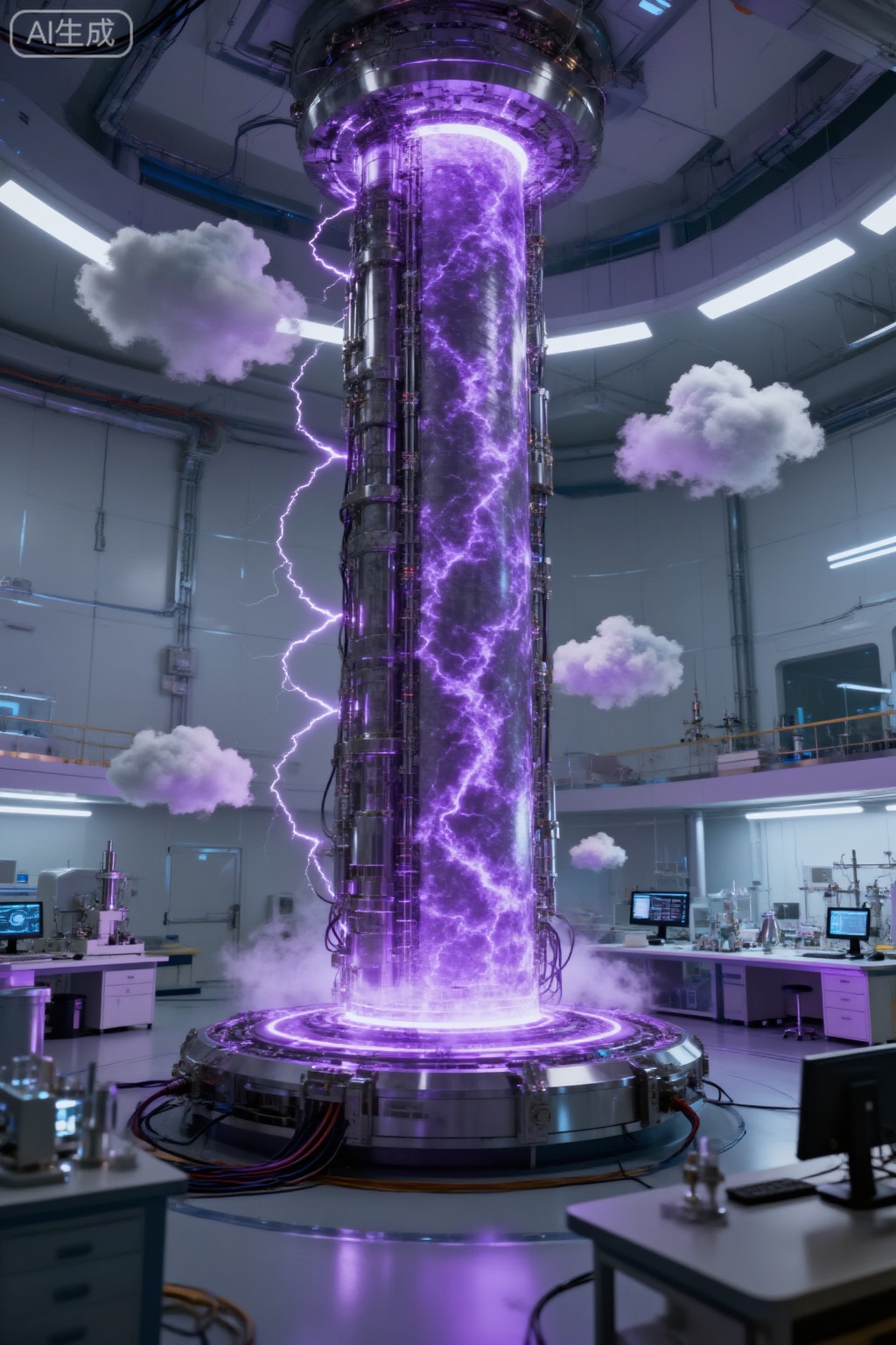 futuristic lab

towering cylinder

vibrant purple energy

high-tech reactor

circular glowing platform

lightning-like arcs

small floating clouds

surreal quality

modern spacious lab

white walls

workbenches

computers

scientific equipment

fluorescent lights

cool tone

intense purple glow

cables

mechanical components

advanced technology

sci-fi research

innovation

energy experimentation

atmospheric technology

