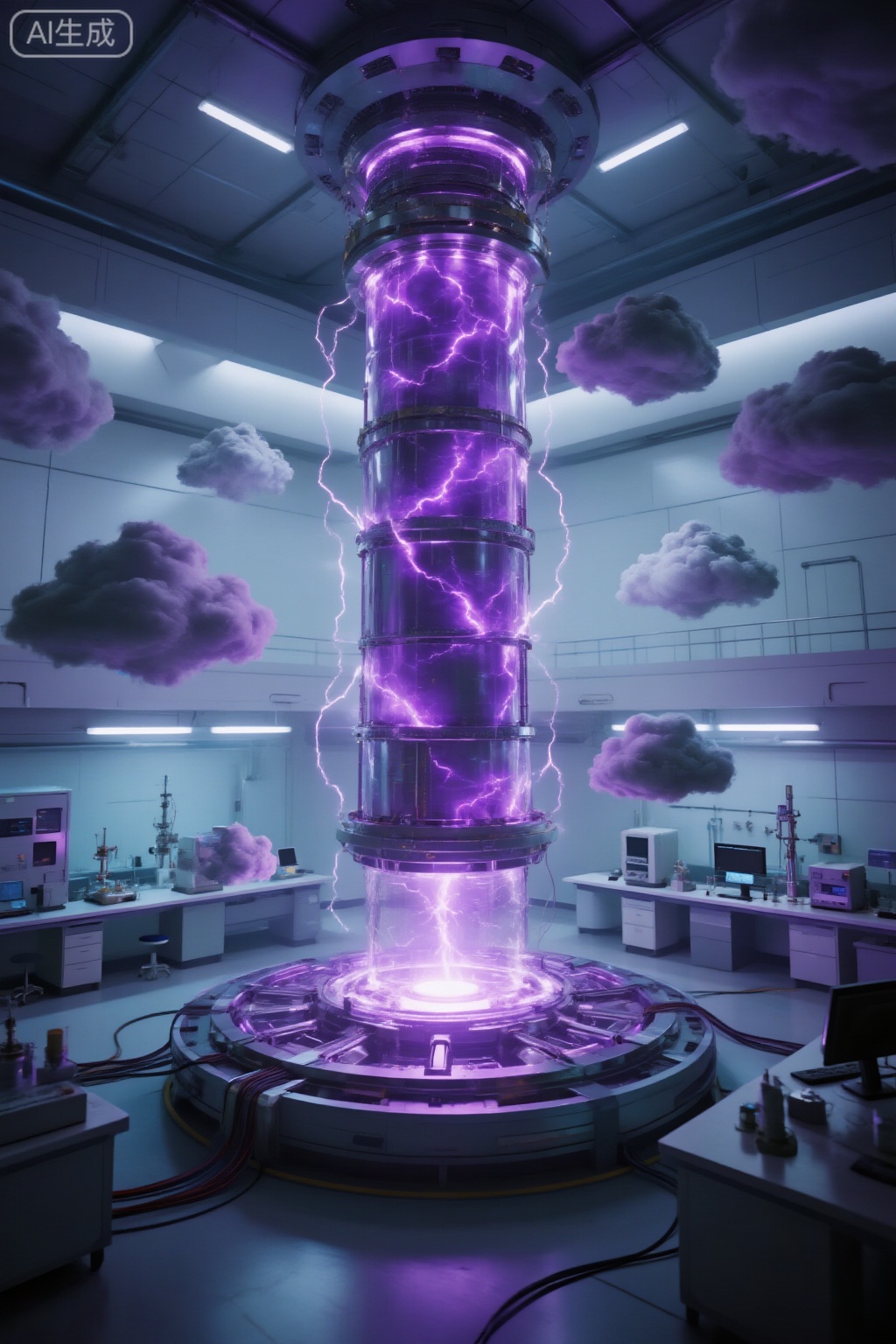 futuristic lab

towering cylinder

vibrant purple energy

high-tech reactor

circular glowing platform

lightning-like arcs

small floating clouds

surreal quality

modern spacious lab

white walls

workbenches

computers

scientific equipment

fluorescent lights

cool tone

intense purple glow

cables

mechanical components

advanced technology

sci-fi research

innovation

energy experimentation

atmospheric technology

