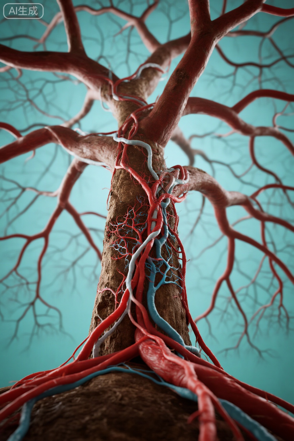 highly detailed

artistic representation

biological structure

tree trunk

intertwined vessels

textured like bark

rough surface

earthy brown

vibrant red

pale blue

tubular structures

arteries and veins

spiral branch out

intricate web

extends background

red vessels dominate

oxygen-rich blood

blue deoxygenated

fractal-like pattern

circulatory system

vascular network

soft teal background

enhances contrast

blends organic

anatomical elements

surreal lifelike

visual metaphor

life interconnectedness,absurd