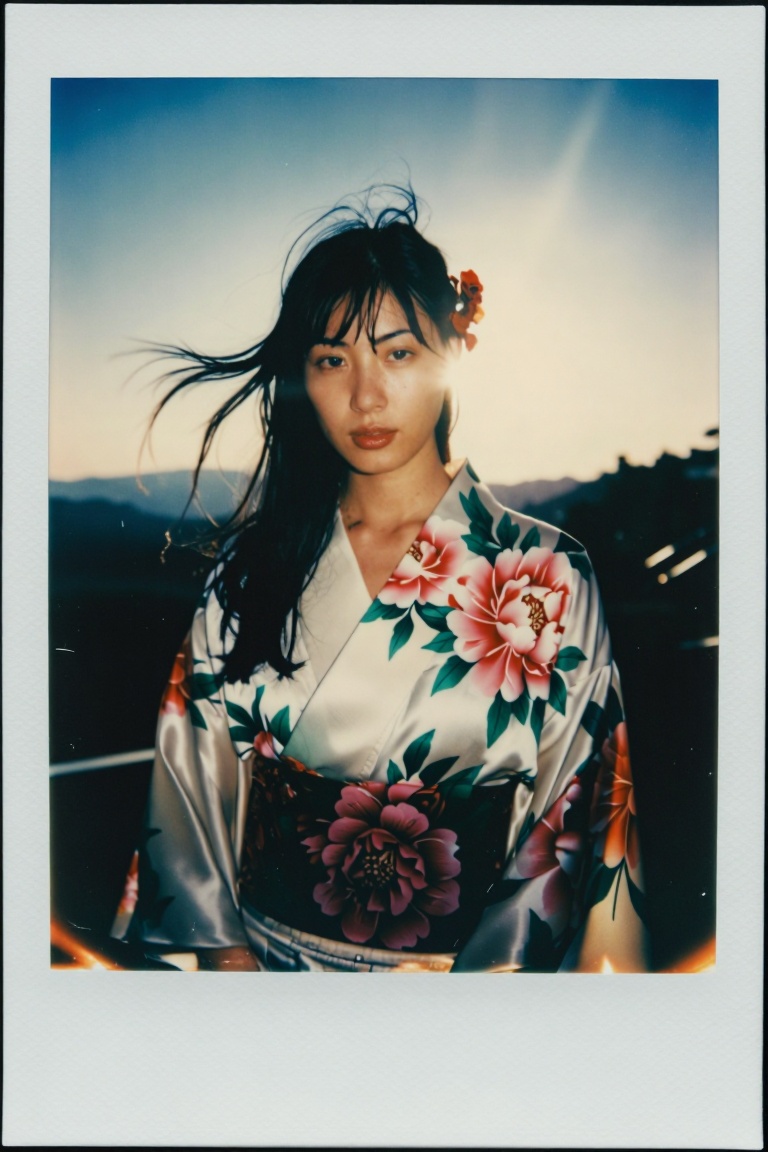 [Subject] Ultra-detailed,  cinematic portrait of a young woman wearing a white silk kimono adorned with large pink and red...