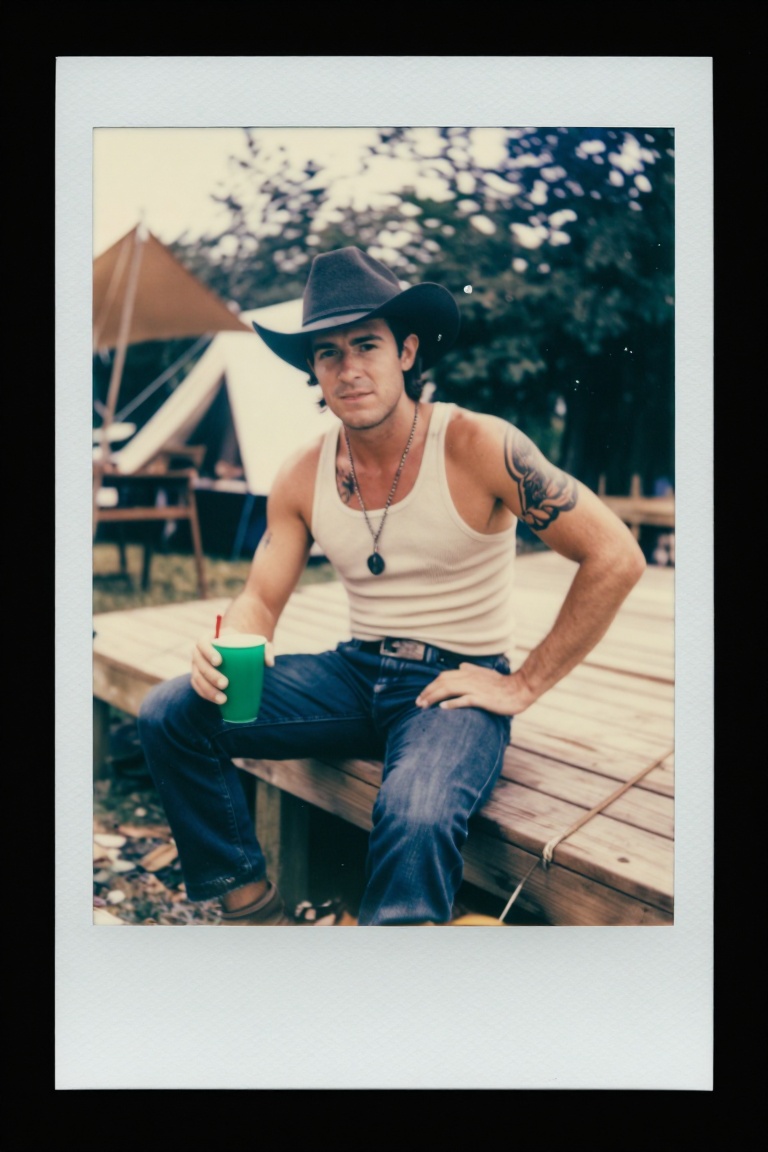 [Subject] The image shows a man sitting outdoors on a wooden platform. He is wearing a black cowboy hat,  a beige **** top...