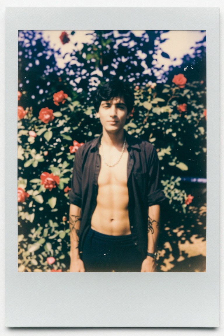 [Subject] The image shows a person standing outdoors,  with a background of lush green foliage and red roses. The person i...