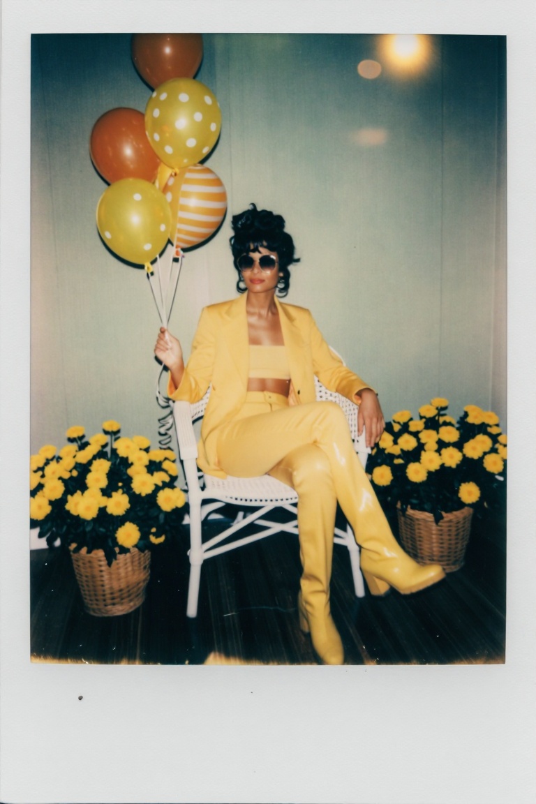 [Subject] The image features a person sitting on a white wicker chair. They are dressed in a vibrant yellow outfit,  consi...