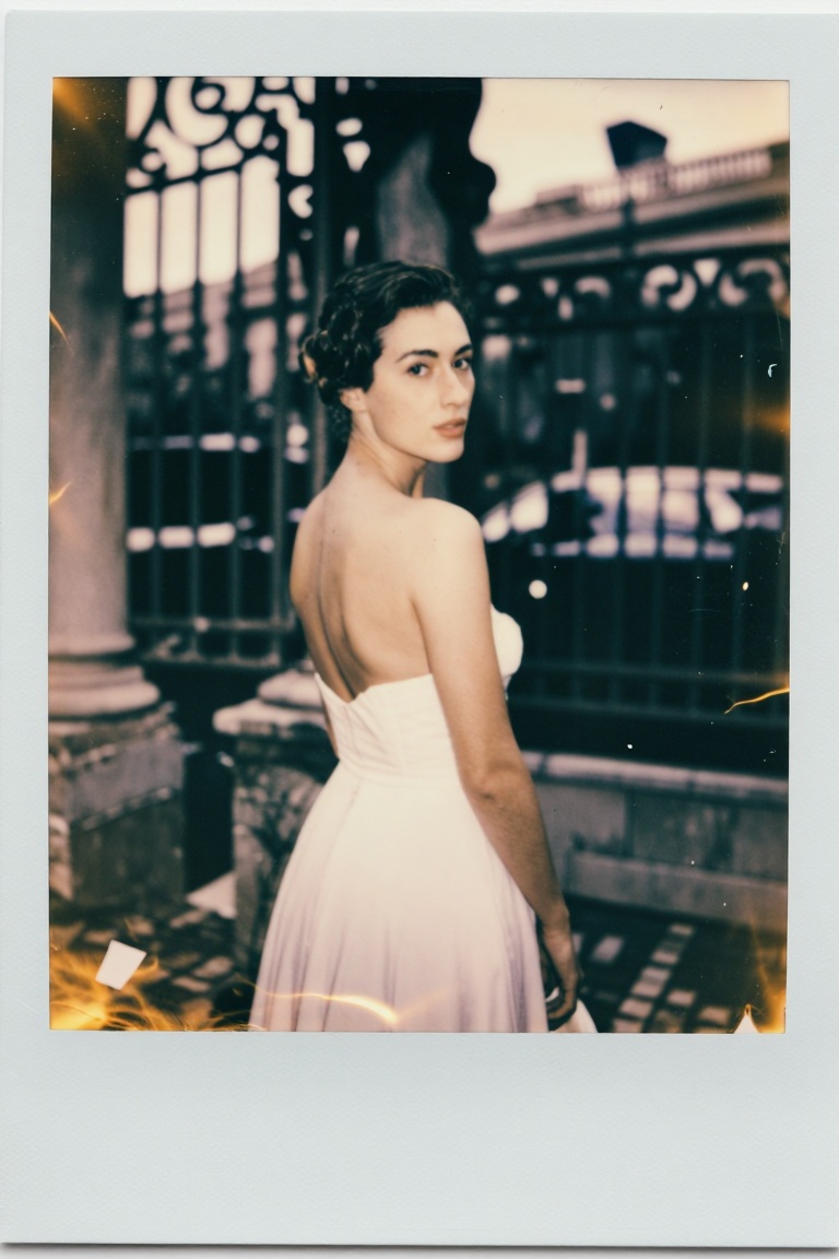 [Subject] The image depicts a woman in a strapless white gown,  standing outdoors near an ornate wrought iron gate. Her ha...