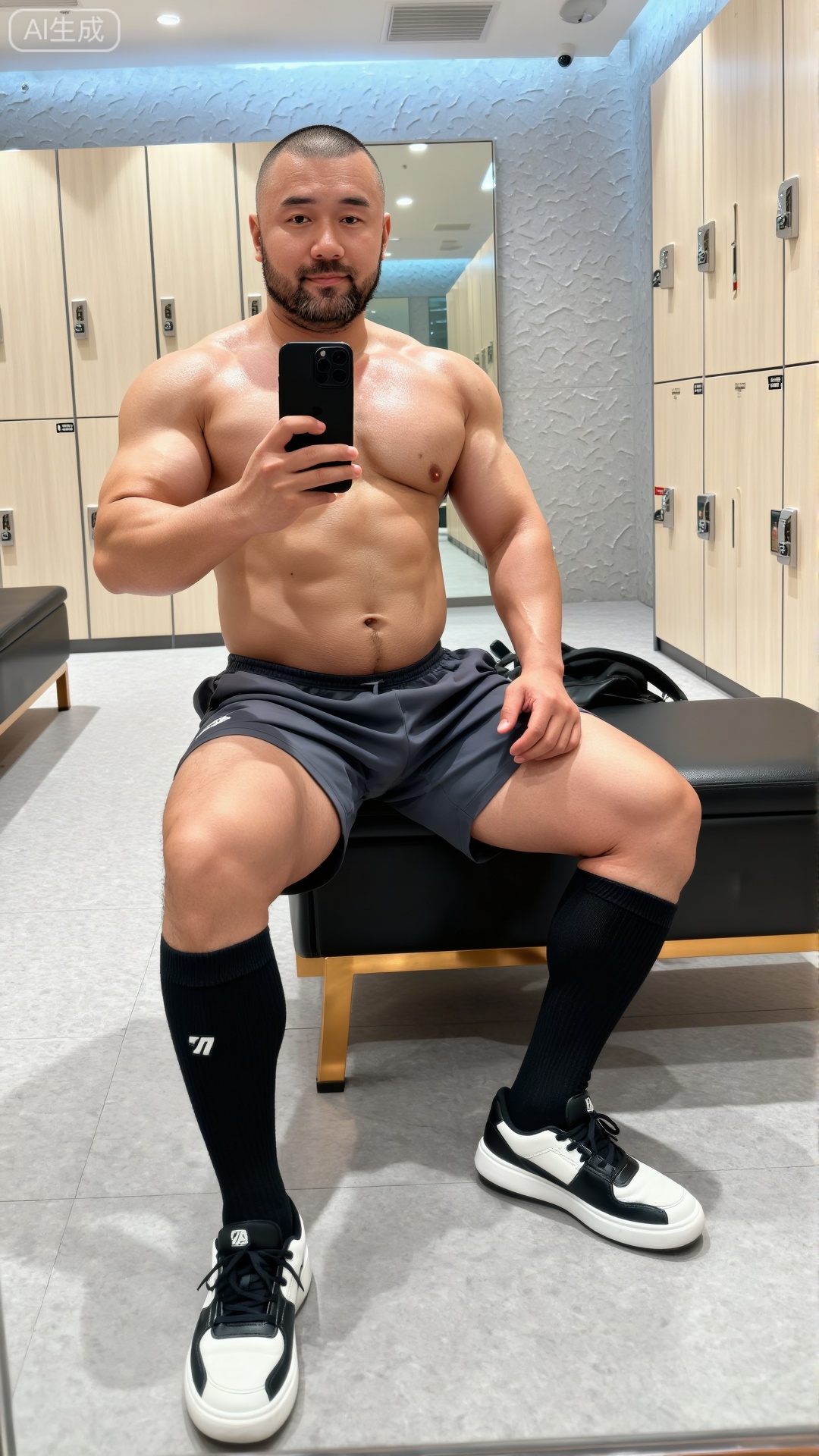 DY,4K画质,杰作,最好的质量,惊人的质量,高分辨率,最新,高清,最好的品质,非常详细,CG,8k,原始摄影,顶级品质,画面质感高清细腻,
一位留着寸头、带有胡须的脂包肌身材的男性,赤裸上身,肌肉线条清晰（胸肌、腹肌、手臂肱二头肌饱满紧实）,穿着深灰色运动短裤,搭配黑色长筒袜与白黑配色的休闲运动鞋。他坐在健身房更衣室的浅木色储物柜前的长椅上,右手举着黑色手机遮挡面部自拍,左手自然搭在腿上。背景是浅灰色地面、带纹理的墙面与嵌入式镜子,室内灯光明亮柔和,整体画面为4K高清画质,细节锐利,色调干净简洁,呈现出运动后放松的状态。