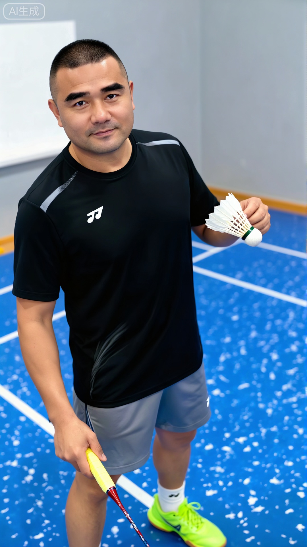 DY,极致细节,4K壁纸,最高质量,杰作,极致清晰, 一位留着整齐短发的男性,面部轮廓圆润,额头饱满光滑,浓密整齐的眉毛散发着稳定的气息。他的眼睛明亮而敏锐,目光平静而沉着,嘴角微微上扬,散发出友好而平易近人的气质。他体格健壮,沉稳自信,充分体现了一种脚踏实地、可靠的气质。他在室内羽毛球场,握着羽毛球拍,姿态醒目——一只白色羽毛球在他身边盘旋,身后拖着一条动态的轨迹。他穿着黑色短袖运动上衣,灰色运动短裤,亮霓虹绿色运动鞋。背景由一个带有白色斑纹的蓝色庭院和浅灰色墙壁组成；明亮的室内灯光均匀分布,突出了他轻松的运动姿势,同时使他的表情细节和球场的清晰质感更加生动。


负向提示