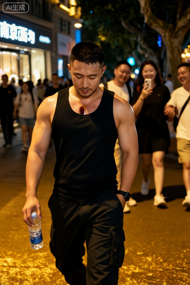 DY,暮色浸漫的上海市中心,霓虹初上时,他独自走在南京西路的人流里。黑色紧身工字背心裹着肌理分明的上身,肩线如刀削般利落,胸肌轮廓随步伐轻晃,在沿街橱窗冷光里投下起伏的阴影,汗水顺着锁骨凹痕滑进领口,洇出一小片深色。
他微微低着头,下颌线绷得很紧,额头的汗水。左手插在工装裤袋里,右手捏着半瓶没开封的矿泉水,指节泛白。身边是涌流的人潮,情侣挽着手笑闹,游客举着手机拍照,玻璃幕墙映出他孑然的身影——像被这座流光溢彩的城市不小心遗落的墨点,热闹是旁人的,他只有影子作伴,一步步踩过满地碎金似的灯影,走向更深的夜色里,脂包肌身材,