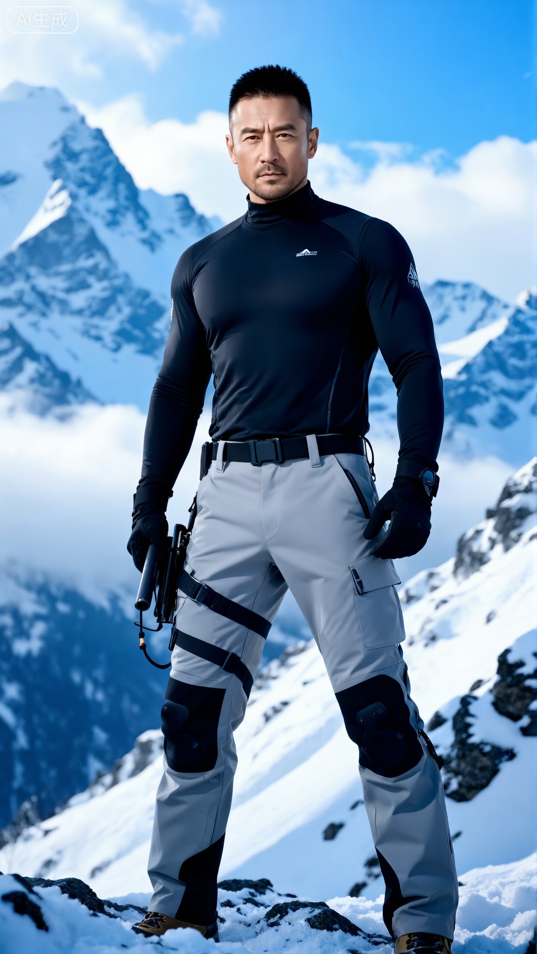 DY,极致细节,4K壁纸,最高质量,杰作,极致清晰,
一位面容刚毅、发型短发、眼神坚定的中年男子。他身着深色功能性上衣,搭配浅灰色工装裤（裤腿处带有护膝与绑带设计）,并佩戴黑色手套,手持装备。他矗立于雪山场景中,背景是云雾缭绕的蓝天。